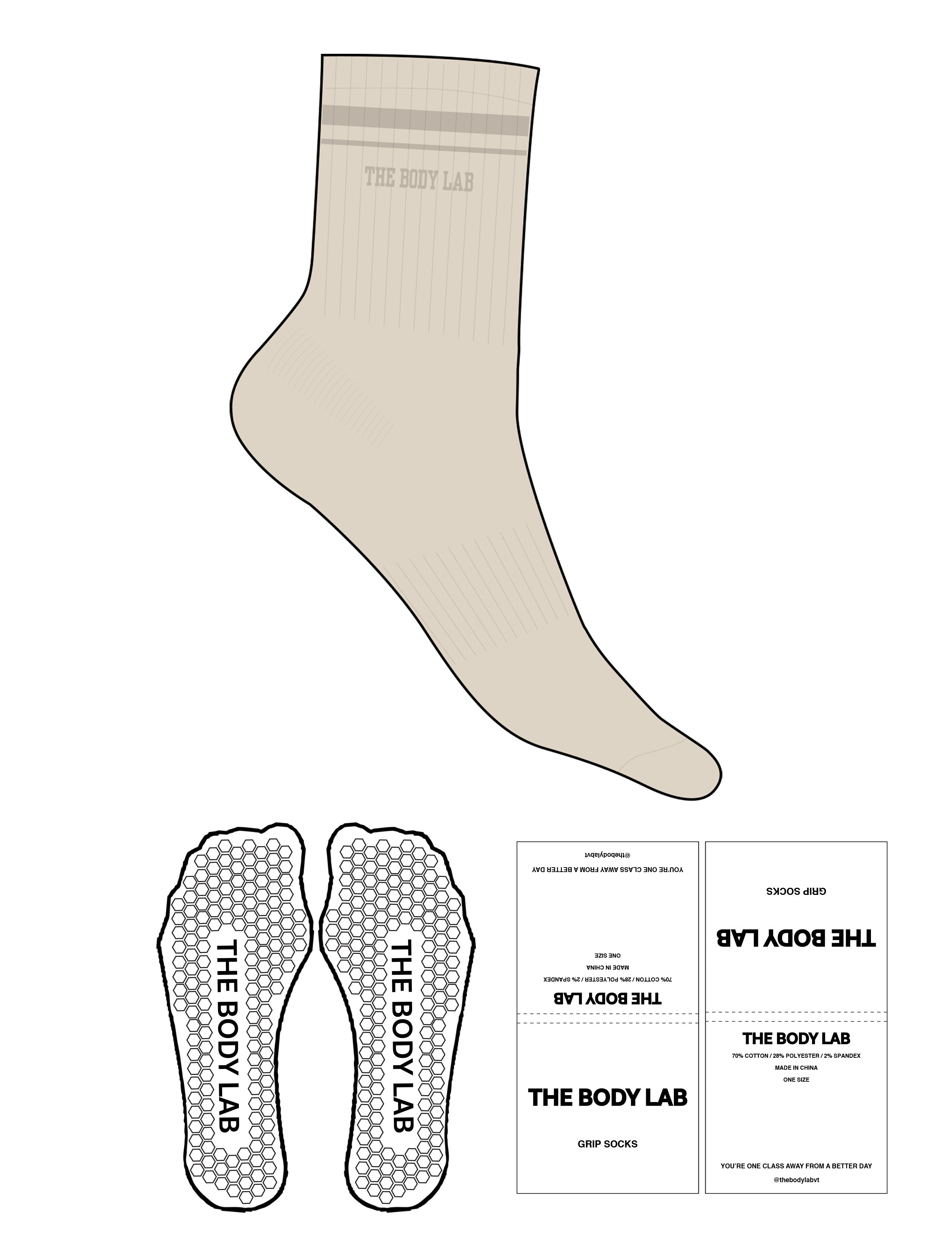 The 3/4 Crew Sock - Off White - Body Lab - 2 Stripes - Top Logo - Embroidered - Tan - Hexagon Grip - Transparent