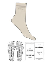 The 3/4 Crew Sock - Off White - Body Lab - 2 Stripes - Top Logo - Embroidered - Tan - Hexagon Grip - Transparent