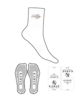 The 3/4 Crew Sock - White - Karve - Top Logo Stacked - Embroidered - Dark Brown - Hexagon Grip - Dark Brown