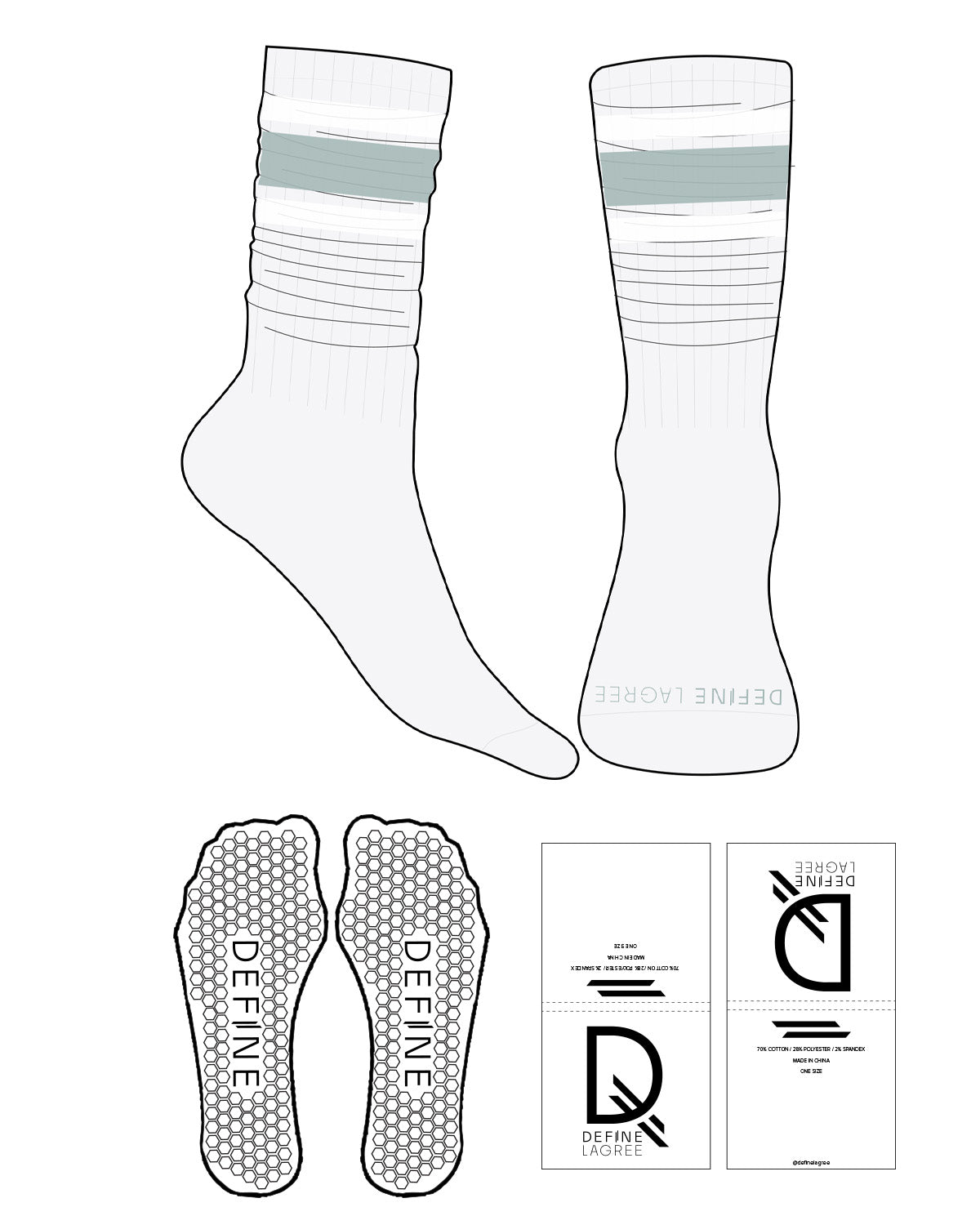 The Slouch Sock - White Heather - Define Lagree - 3 Strips - Toe Logo - Full Color - Hexagon Grip - Translucent