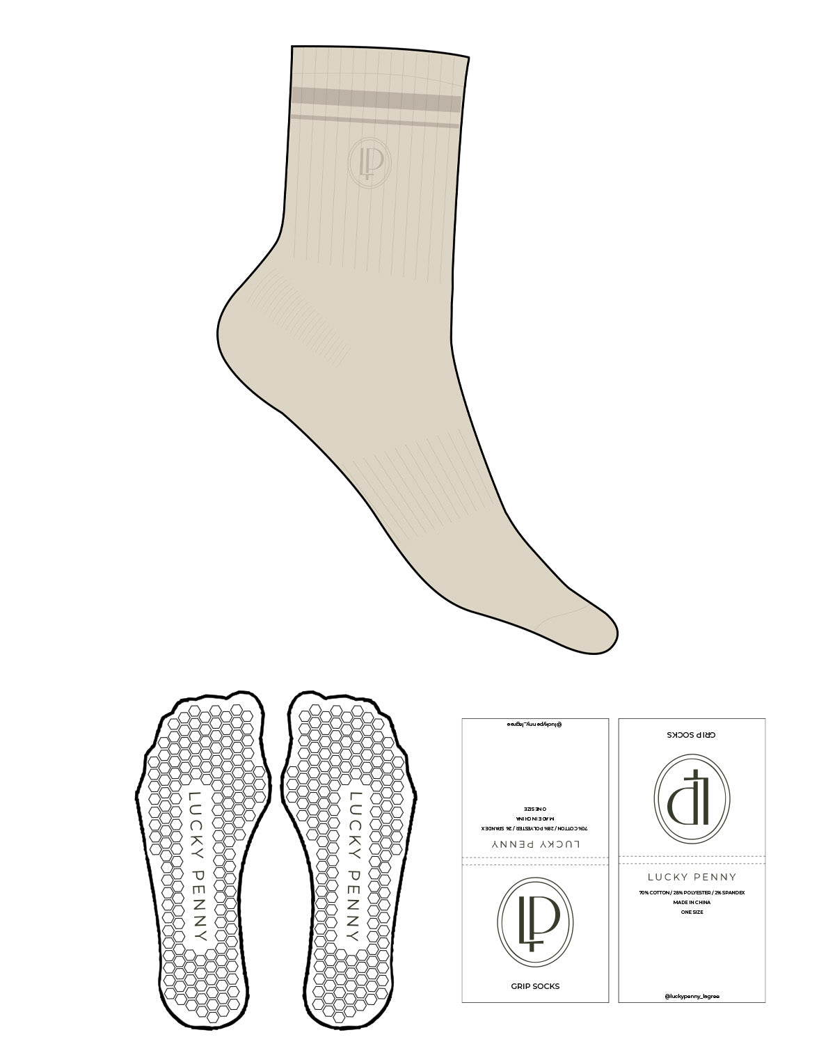The 3/4 Crew Sock - Off White - Lucky Penny - Top Logo - Embroidered - 2 Stripes - Tan- Hexagon Shape Grip - Transparent