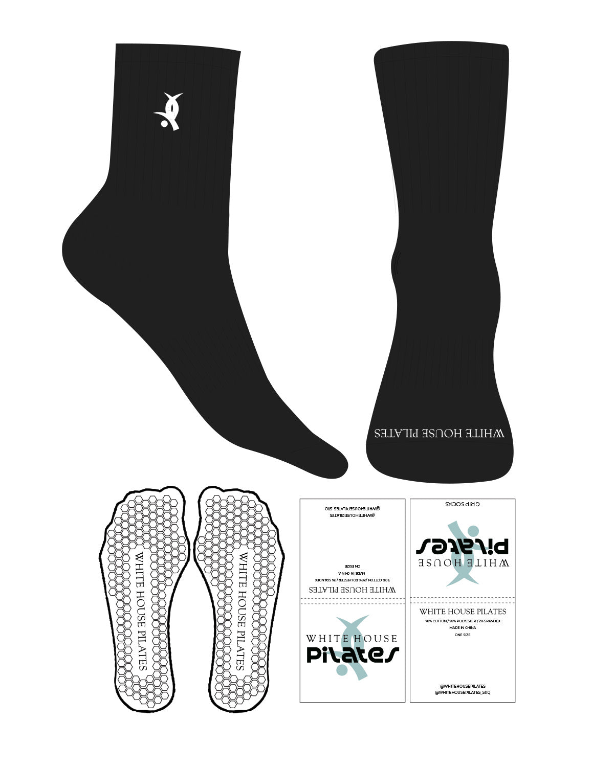 The 3/4 Crew Sock - Black - White House - Top Logo Embroidered - Front Logo Printed - White - Hexagon Shape Grip -  White