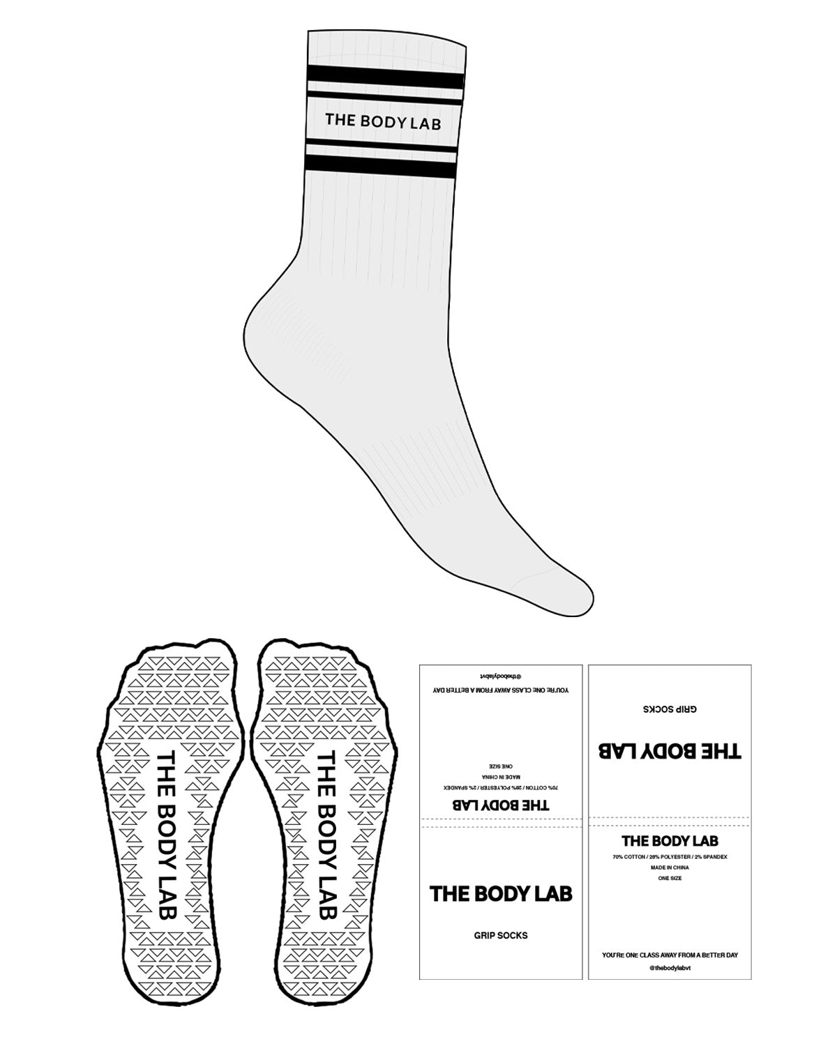 The Crew Sock - Heather - Body Lab - 4 Strips - Logo Between Strips - Black - Triangle Shape Grip - Black