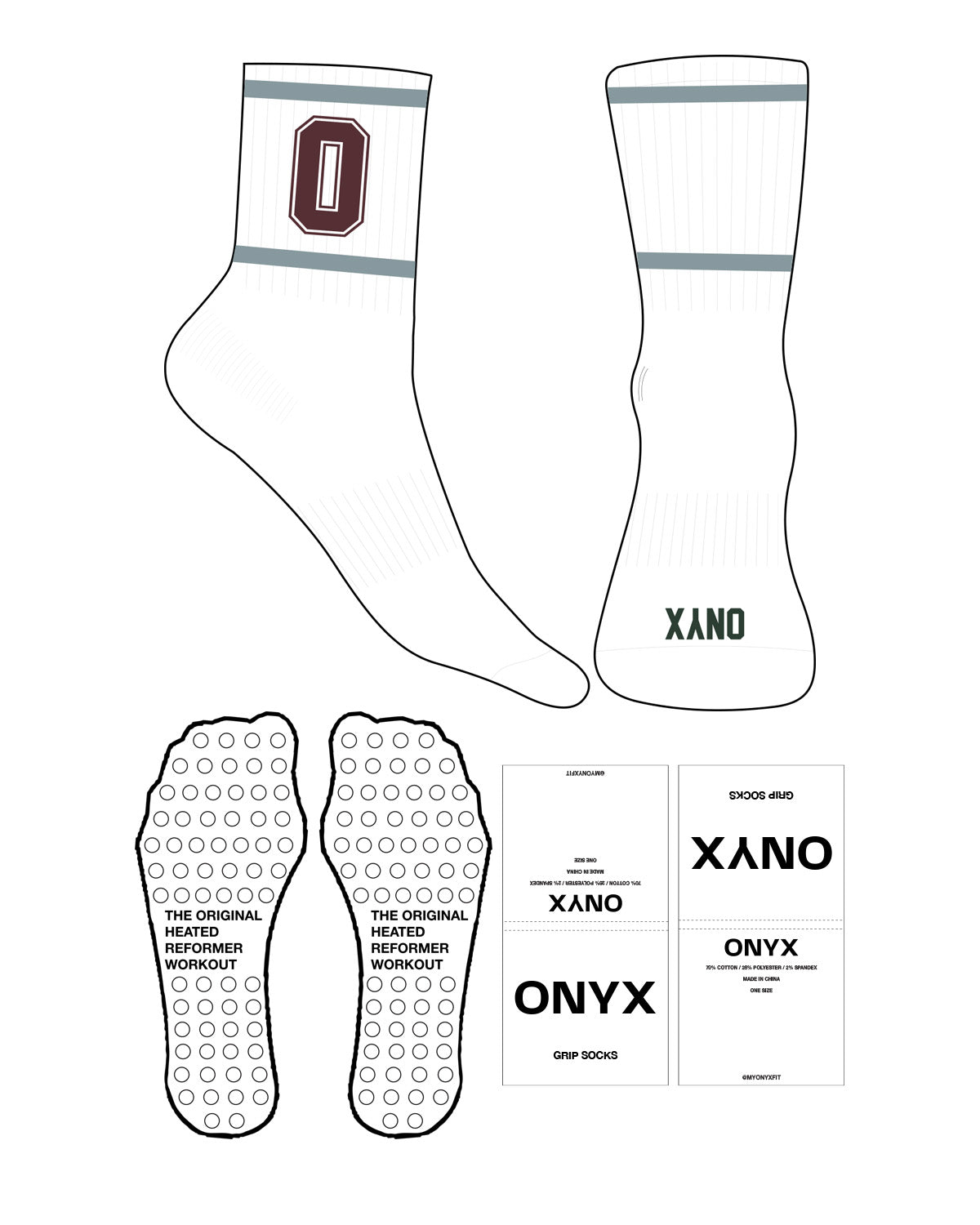 The 3/4 Crew Sock - White - Onyx Fit - 2 Strips - Top & Front Logo - Full Color - Circle Shape Grip - Burgundy