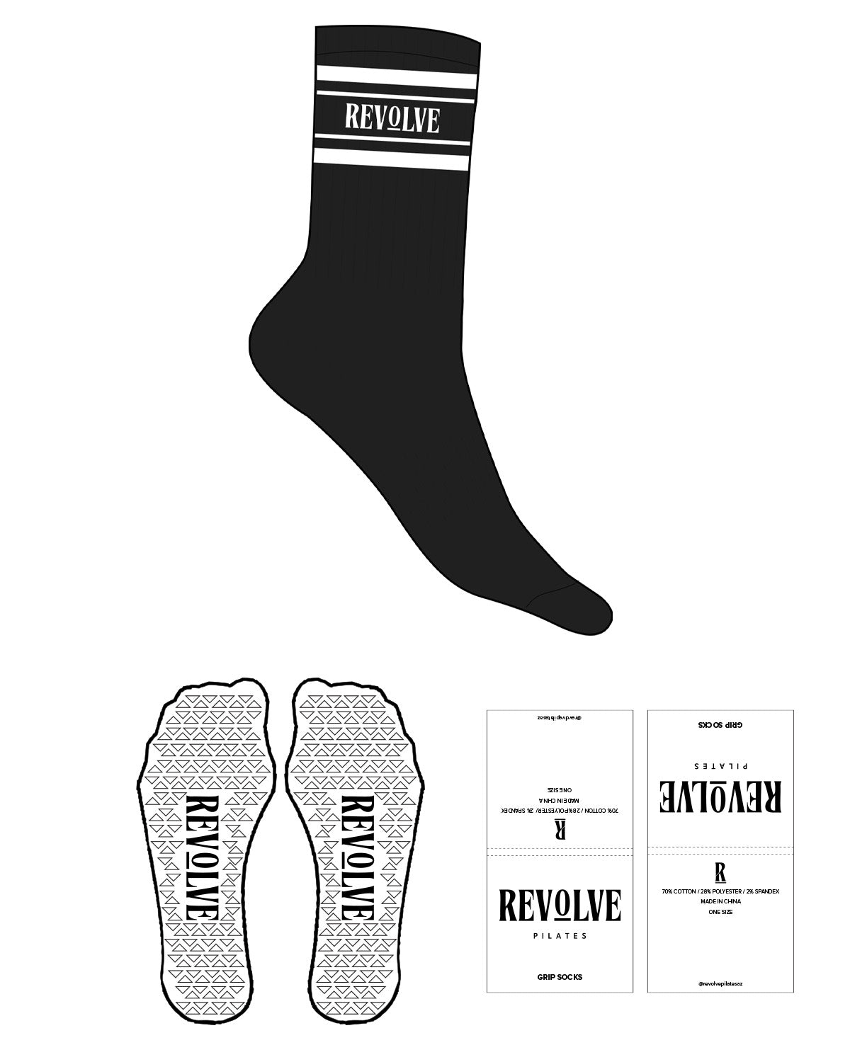 The Crew Sock - Black - Revolve Pilates - 4 Strips - Revolve Logo on Middle - White - Triangle Shape Grip - White