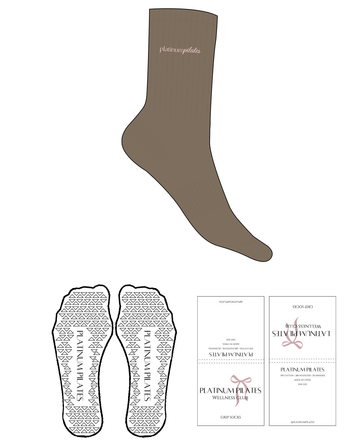 The Crew Sock - Mocha - Platinum Pilates - Top Logo - Embroidered - Pink - Triangle Grip - Transparent