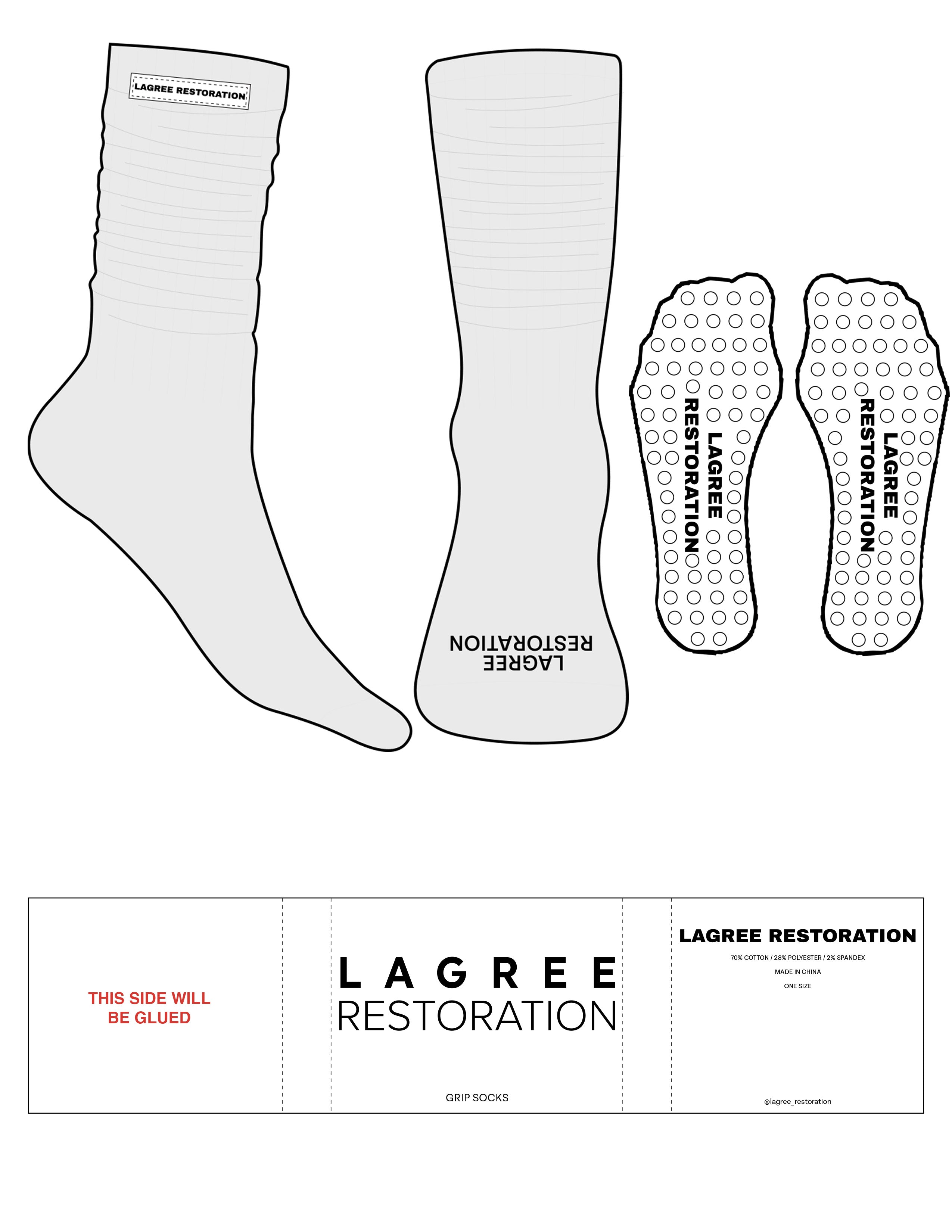 The Slouch Sock - White Heather - Lagree Restoration - White Embroidered Label Logo - Black Toe Logo - Black Label Logo - Circle Grip - Transparent