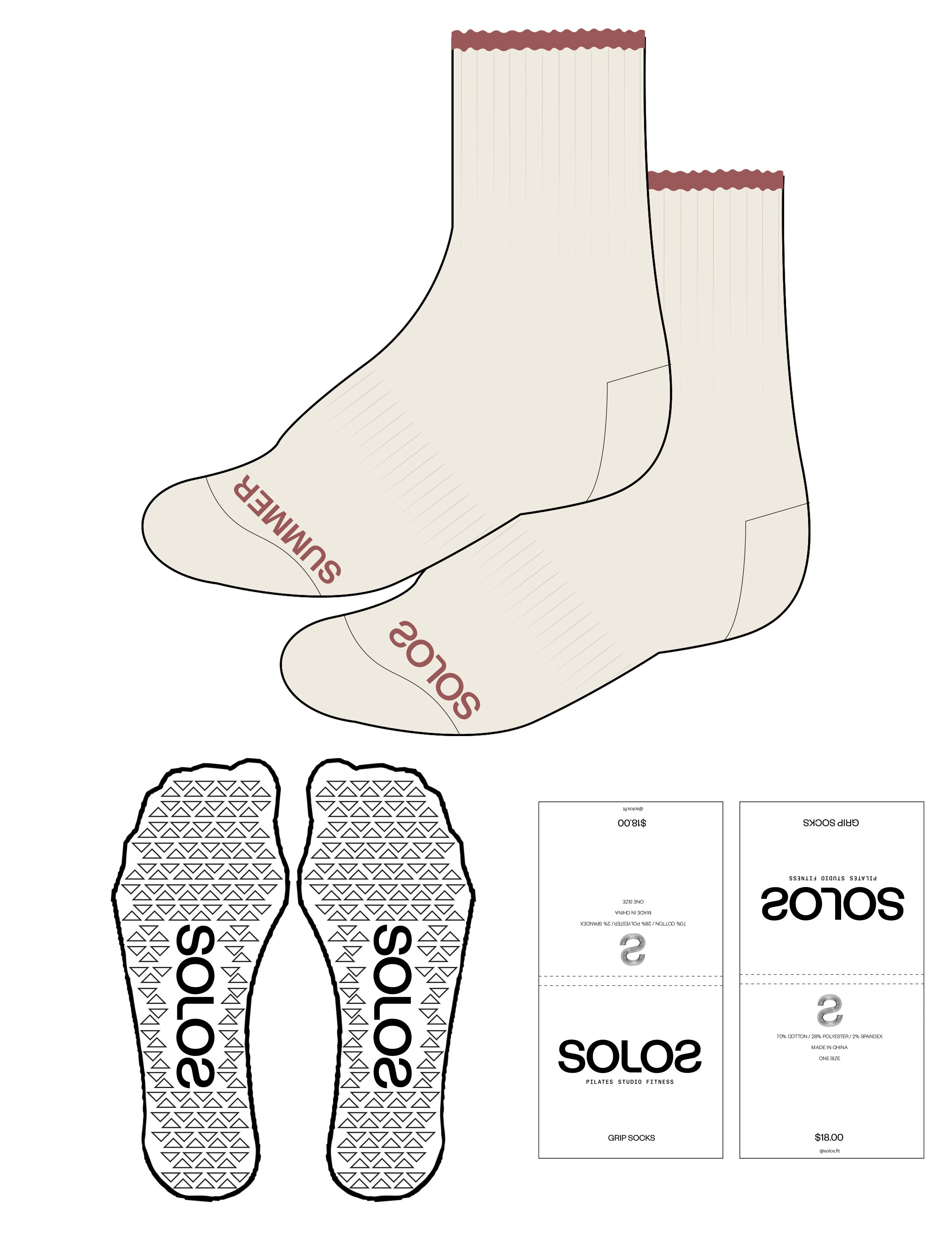 The 3/4 Crew Sock - Off White - Solos Pilates - Bottom Text -  Solos Rust  - Triangle Shape - Transparent