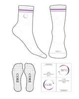 The 3/4 Crew Sock - White - Core Crown Point - 2 Strips - Top & Front Logo - Purple - Circle Shape Grip- Purple