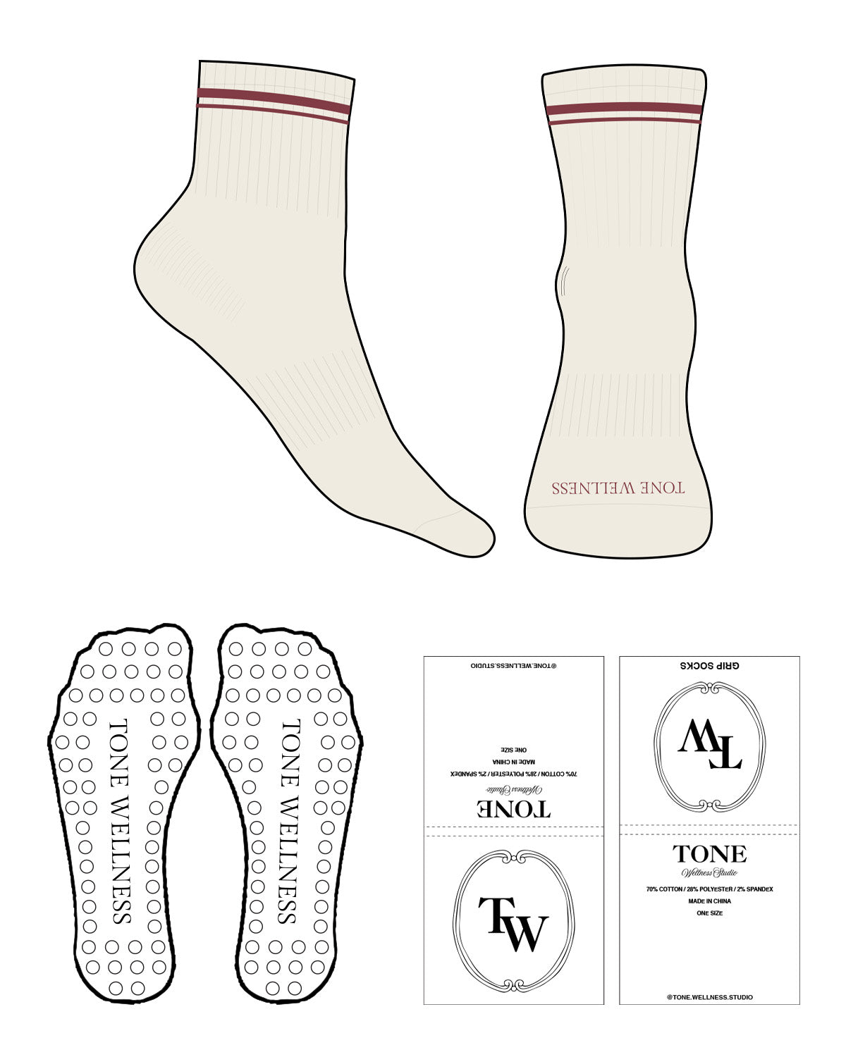 The 1/2 Crew Sock - Off White - L118 - Tone Wellness Studio - Top 2 Strips - Front Logo - Burgandy - D211 - Circle Shape Grip - Transparent