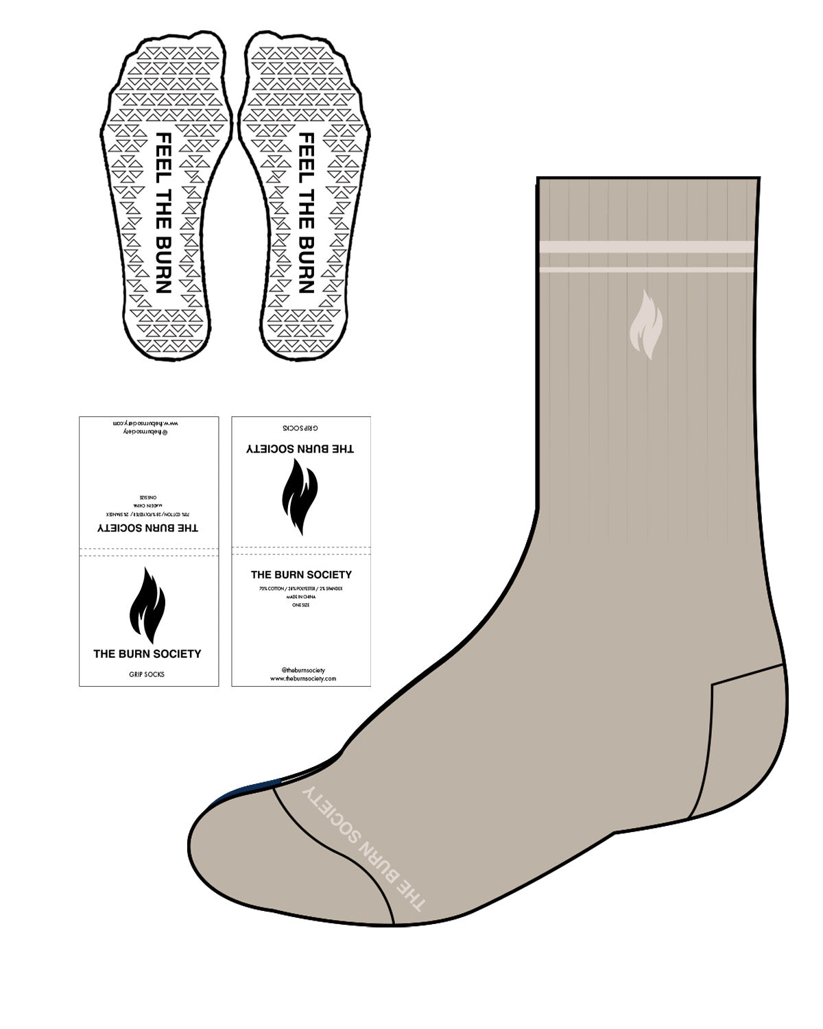 The Crew Sock - Tan - The Burn Society - Top Center Logo & Toes Center - Off White