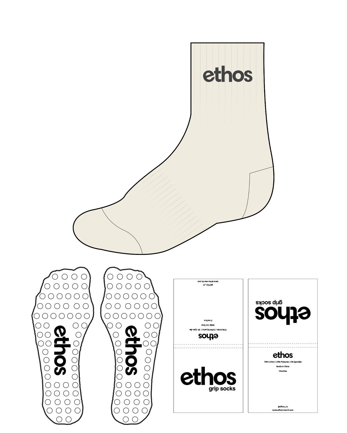 The 3/4 Crew Sock - Off White - Ethos Socks - Top Center Text - Charcoal - Circle Shape - Transparent Grip