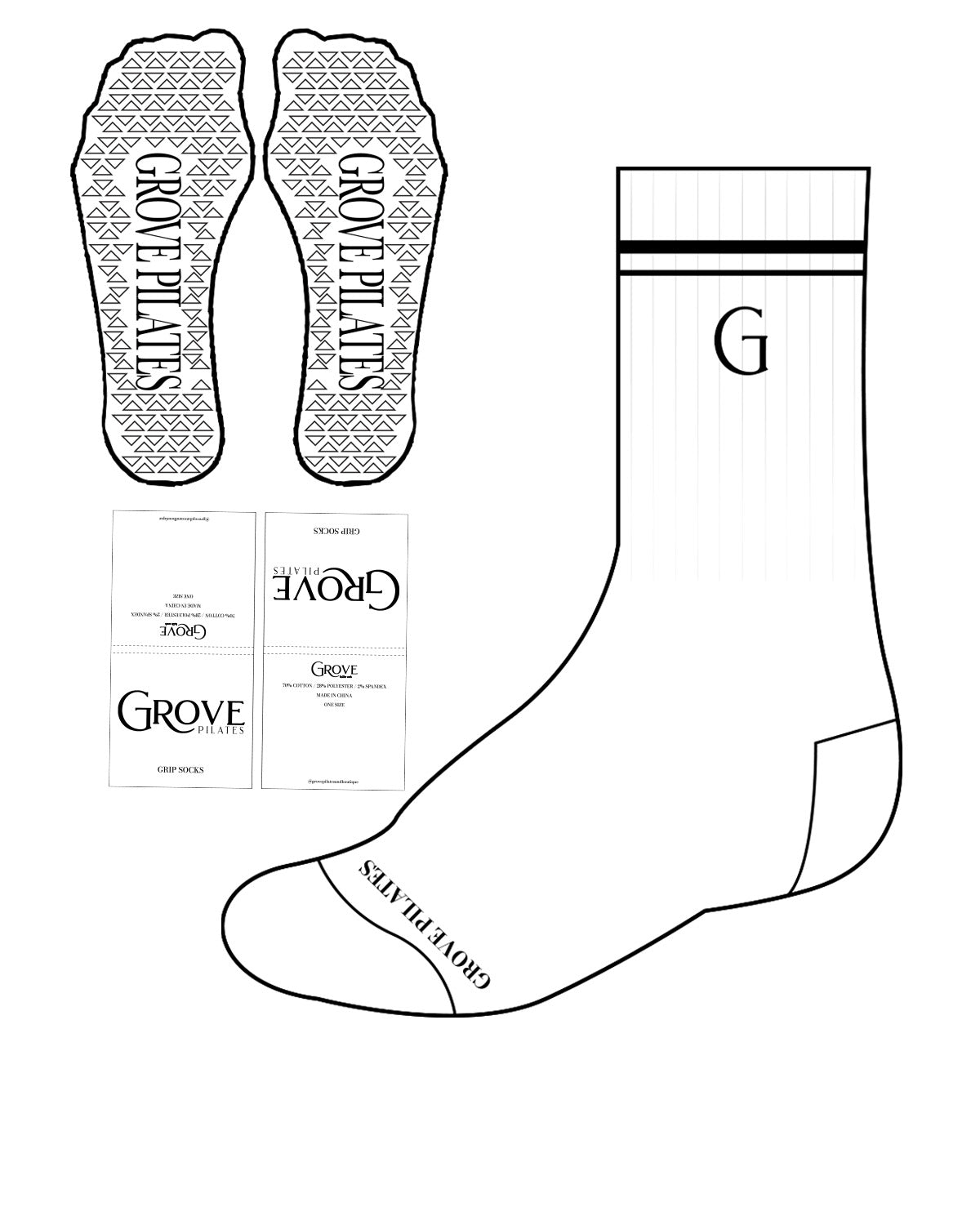 The Crew Sock - White - Grove Pilates - 2 Black Lines - G - Toe Center - Black - Black Grip