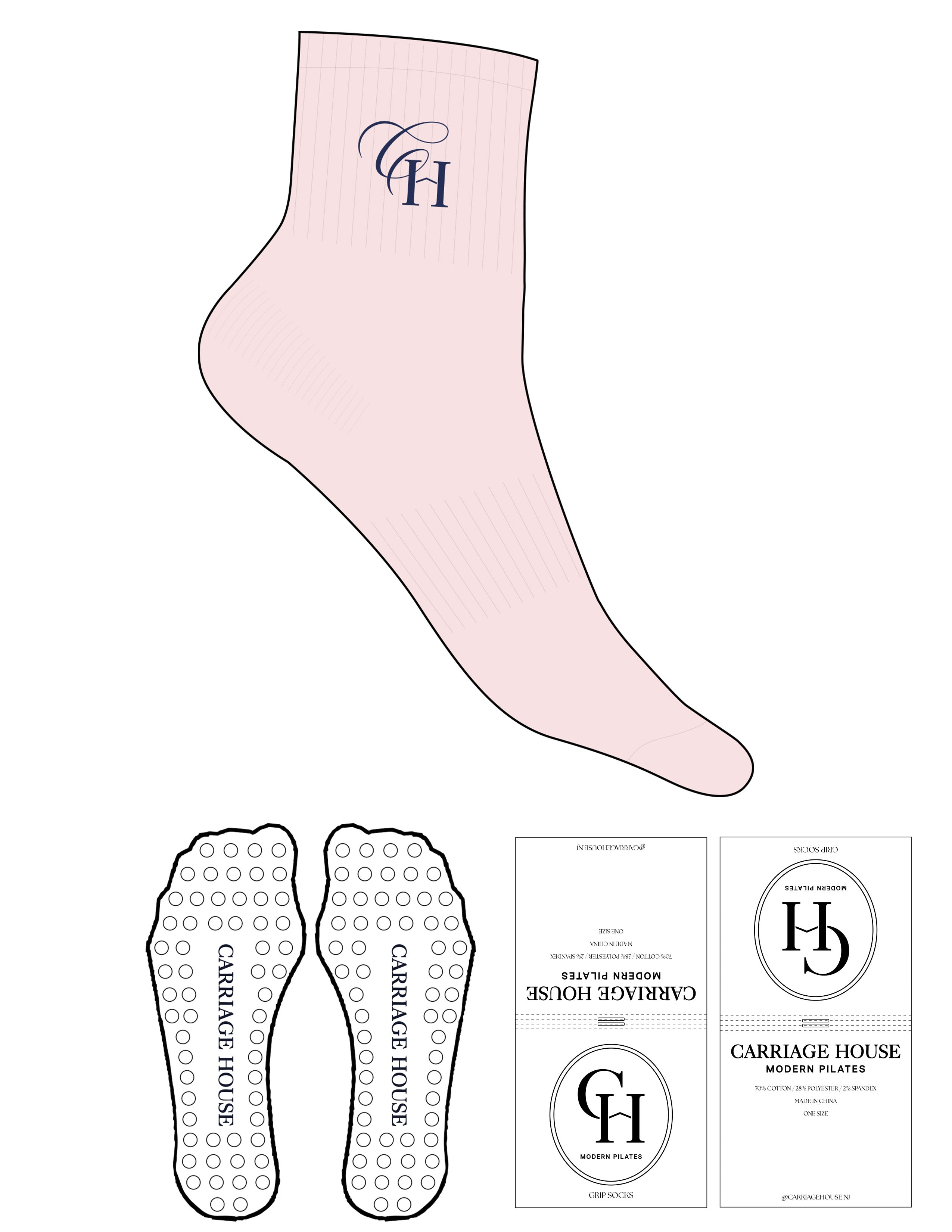 The 1/2 Crew Sock - Baby Pink - Carriage House - Top Logo "CH" - Embroidered - Navy - Circle Grip - Navy