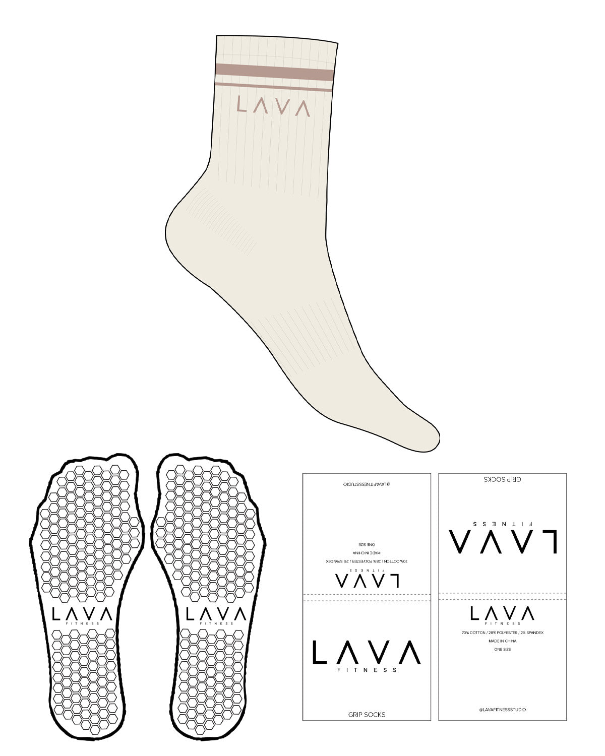 THE 3/4 CREW SOCK - Off White - Lava - Top 2 Border Lines & Text - L120 - Hexagon Shape Grip - Transparent