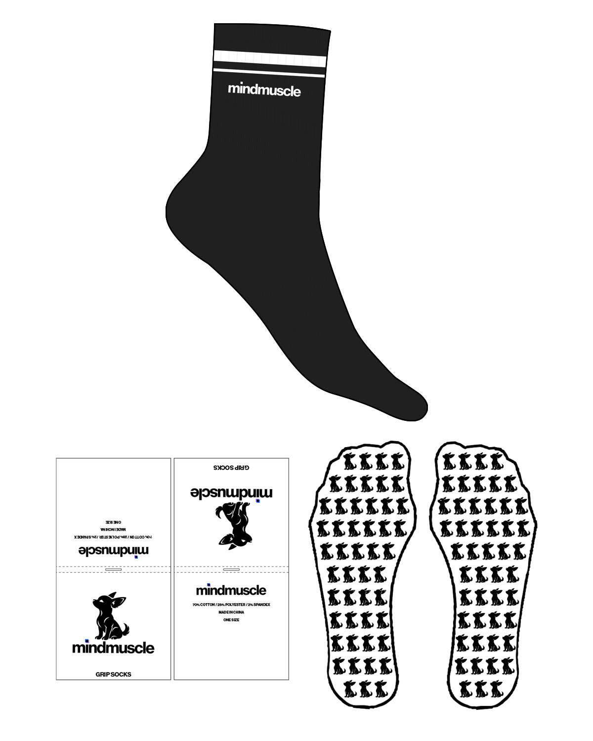 The 3/4 Crew Sock - Black - Mind Muscle - 2 Stripes - Top Logo - White - Custom Grip - White