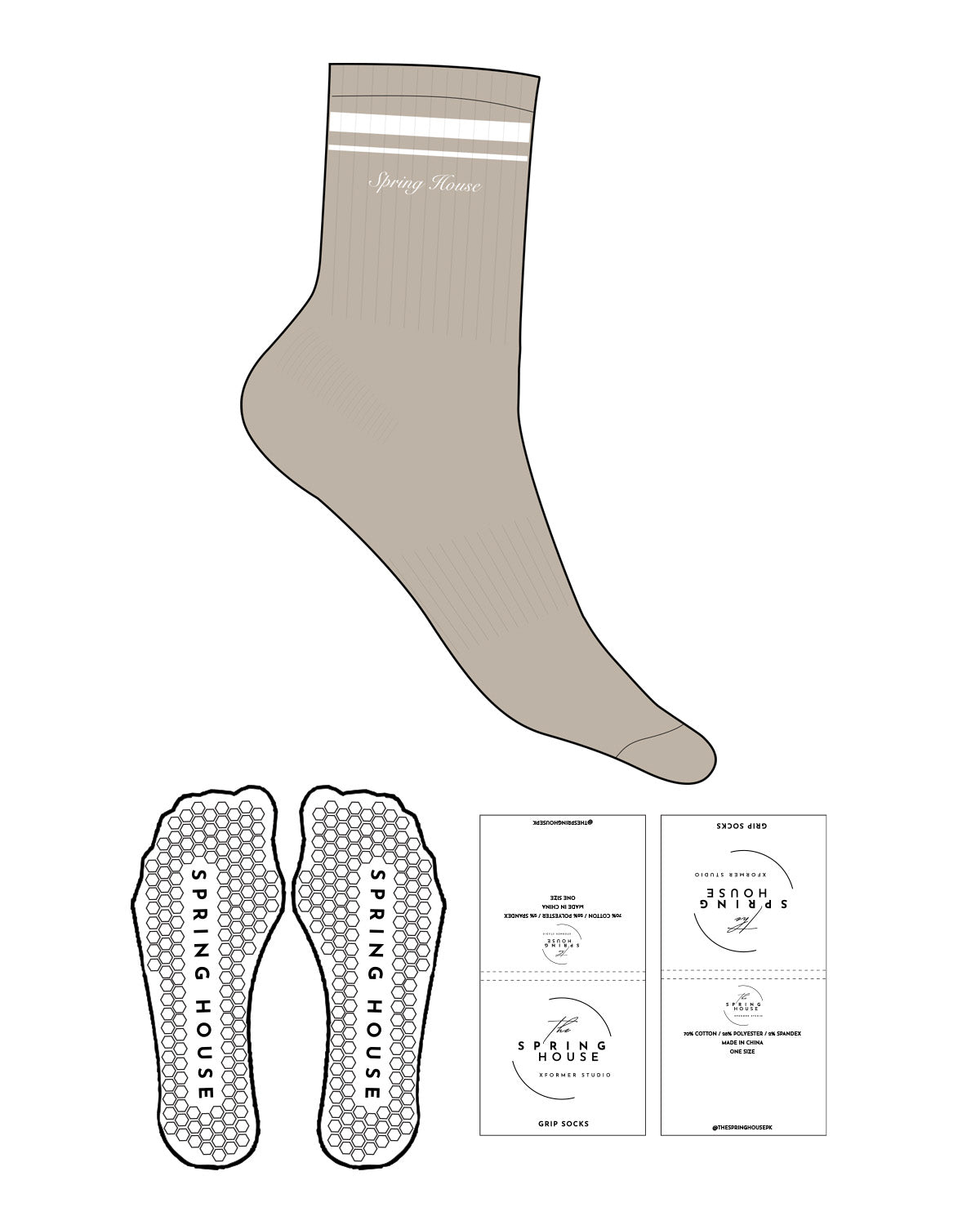 The 3/4 Crew Sock - Tan - Spring House - Dual Strip - "Spring House" Logo - Embroidered - White - Grip - Transparent