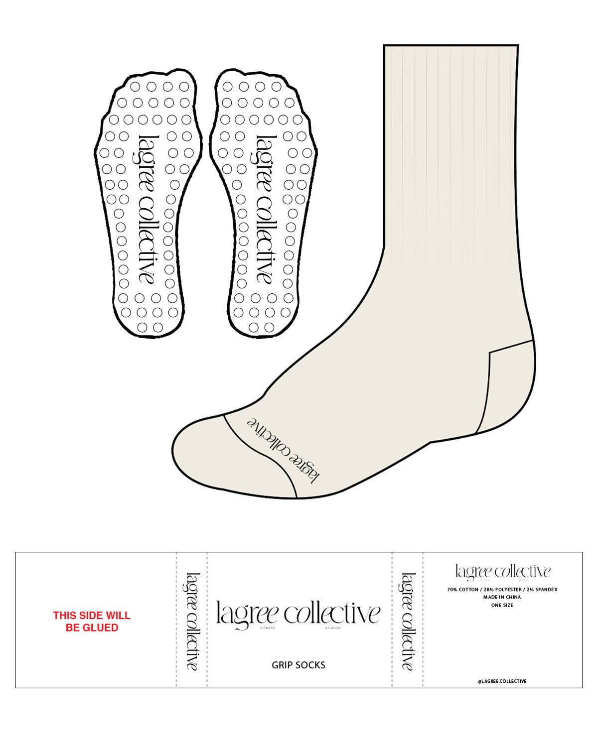 The Crew Sock - Off White - Lagree Collective - Bottom Text - Black - Circle Shape - Transparent Grip