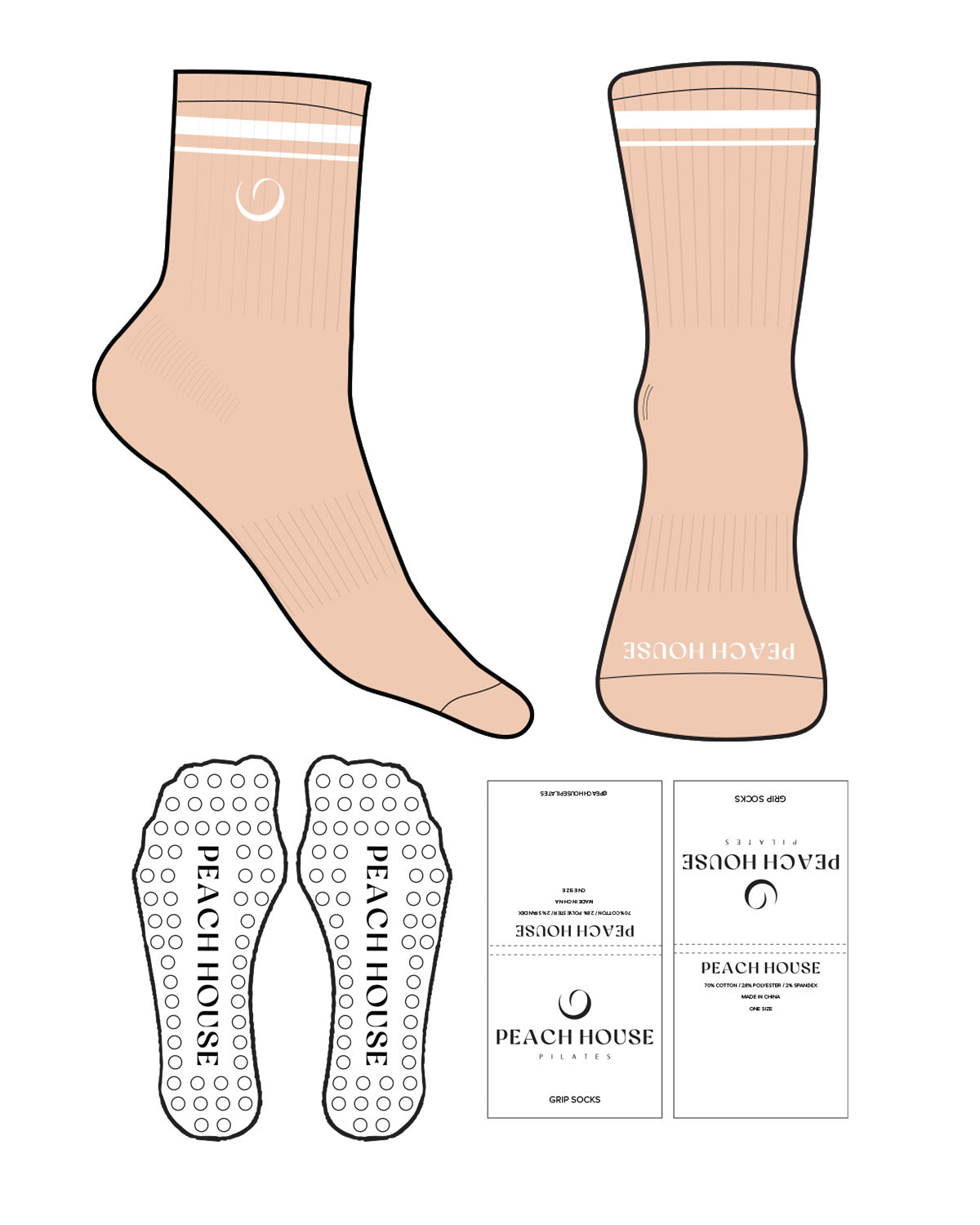 The 3/4 Crew Sock - Light Pink L93 - Peach House Pilates - 3 Strips - Top Logo Round & Front  - White - Circle Shape Grip - Transparent