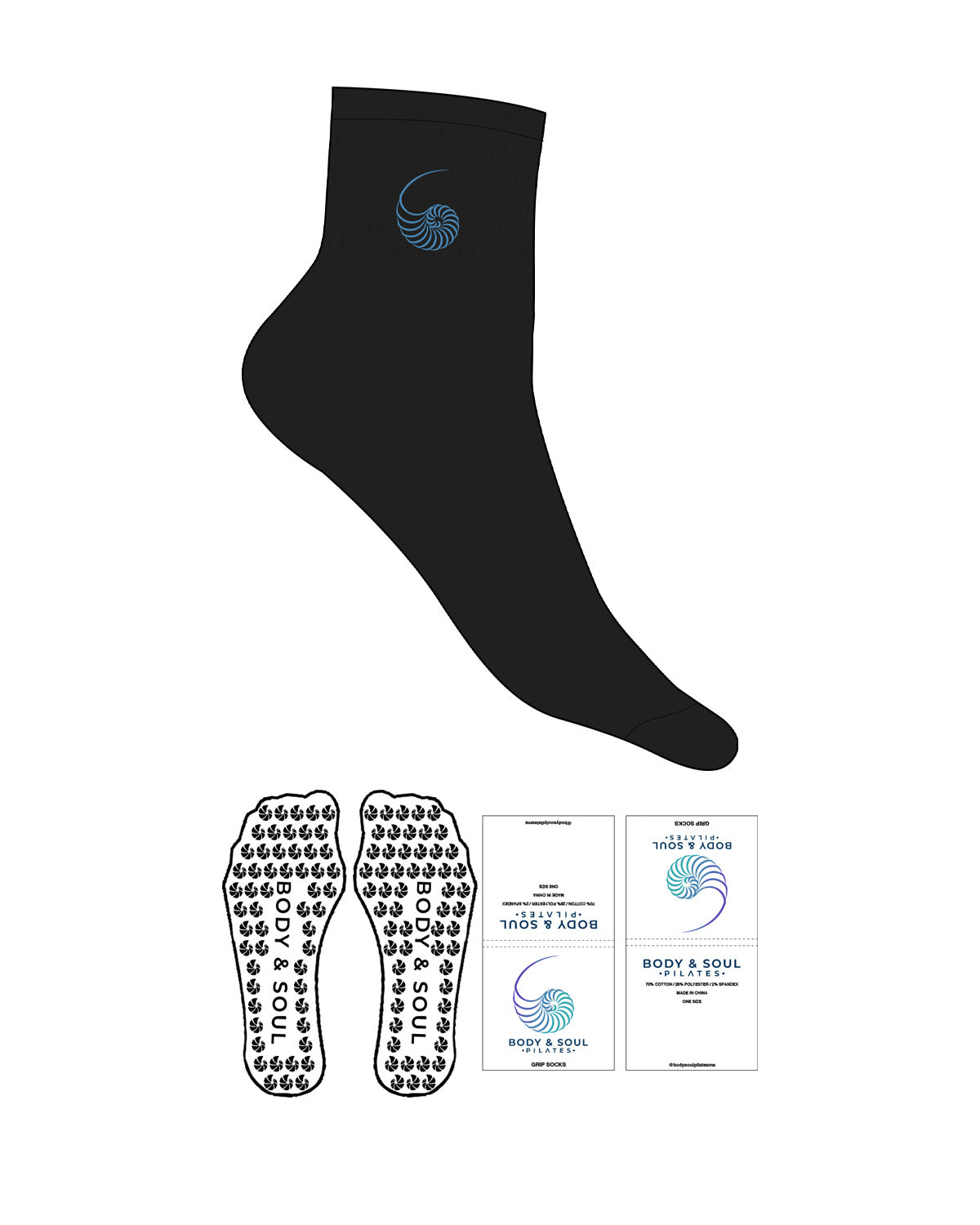 The 1/2 Crew Sock - Black - Body & Soul - Top Icon- Embroidered - Blue - Custom Shape Grip - Transparent
