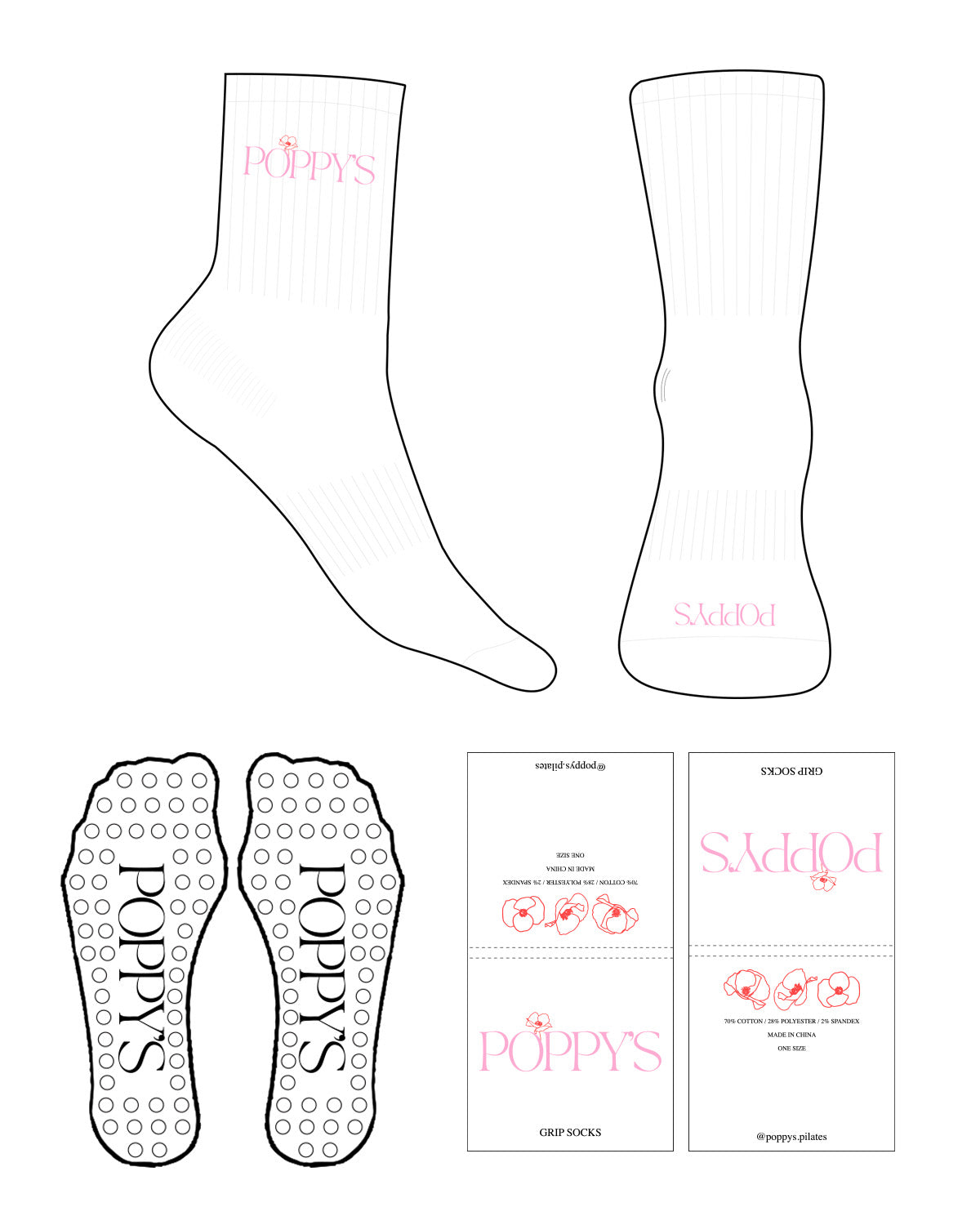 The 3/4 Crew Sock - White - Poppys Pilates - Front & Side - Circle Pink Grip - Full Color