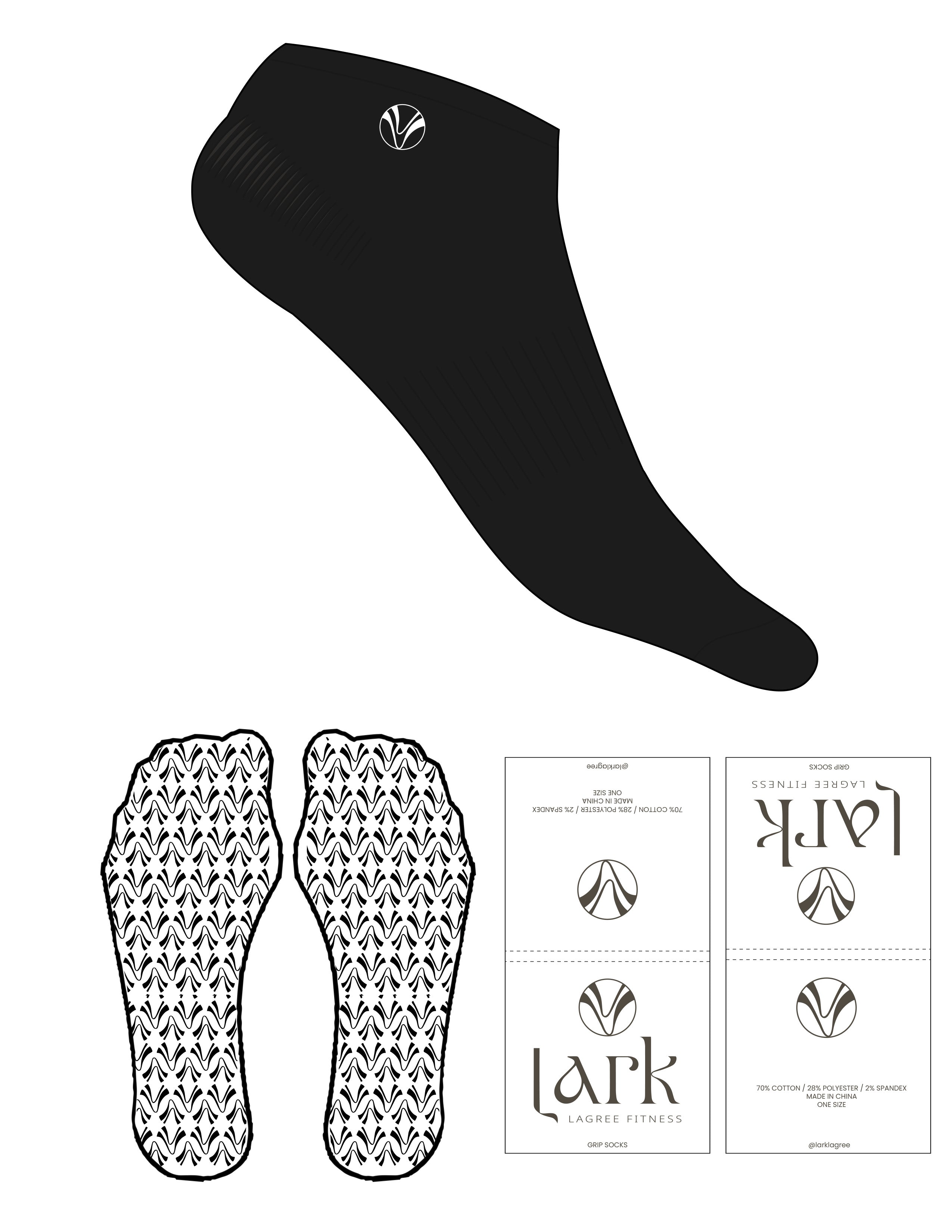 The Ankle Sock - Black - Pure Movement LARK - Top Logo - Embroidered - White - Icon Grip - White