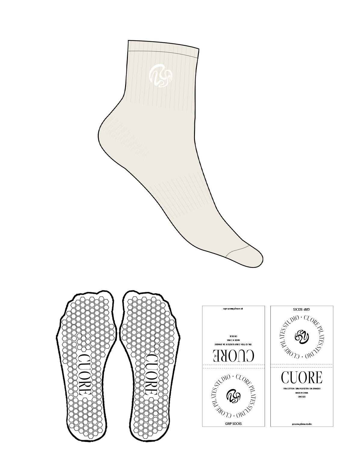 The 1/2 Crew Sock - Off White - Cuore Pilates Studio - Top Logo Round - Embroidered - Off White - Hexagon Grip - Transparent