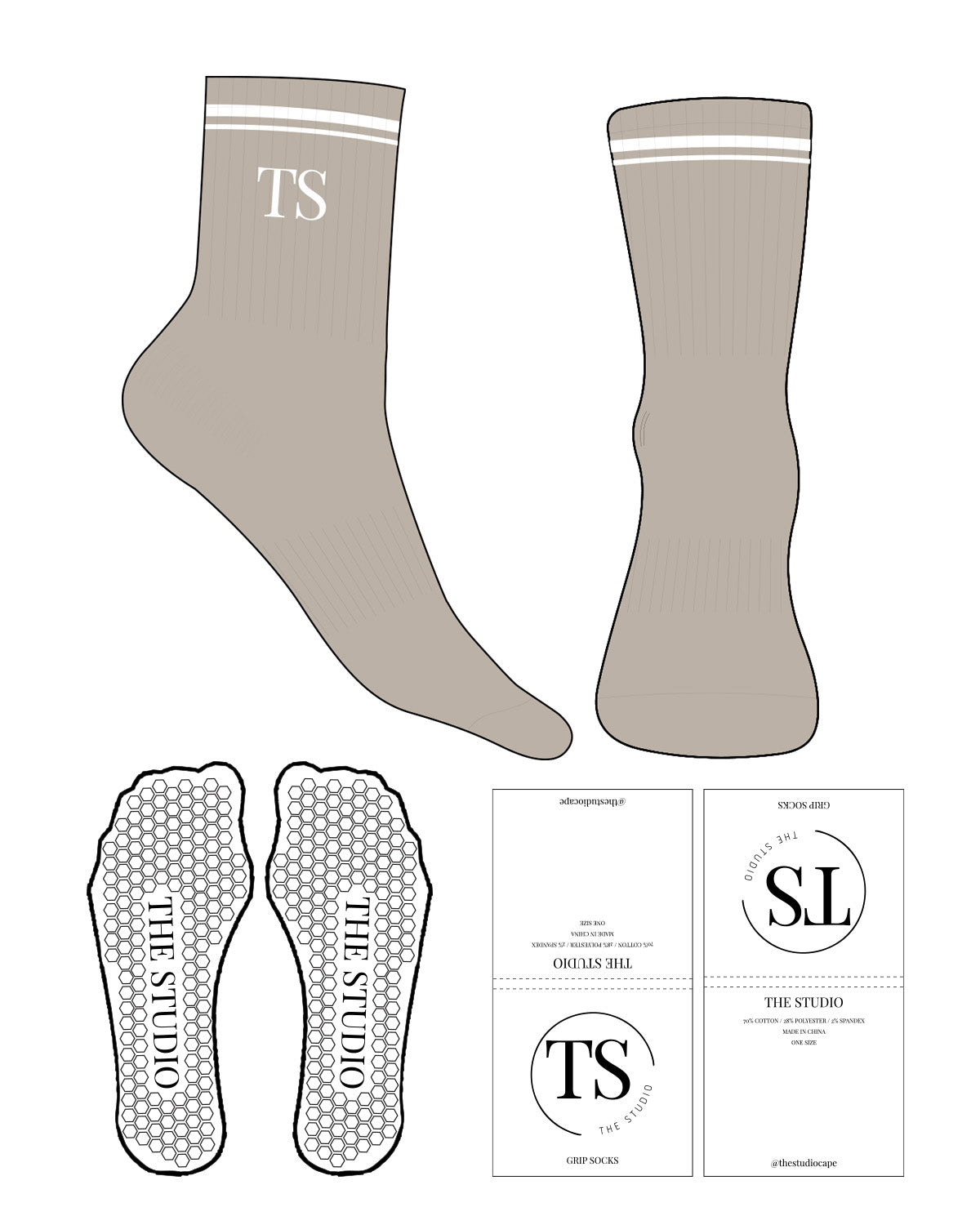 The 3/4 Crew Sock - Tan - The Studio Cape - 2 Strips - Top Logo "TS" - White - Hexagon Shape Grip - Transparent