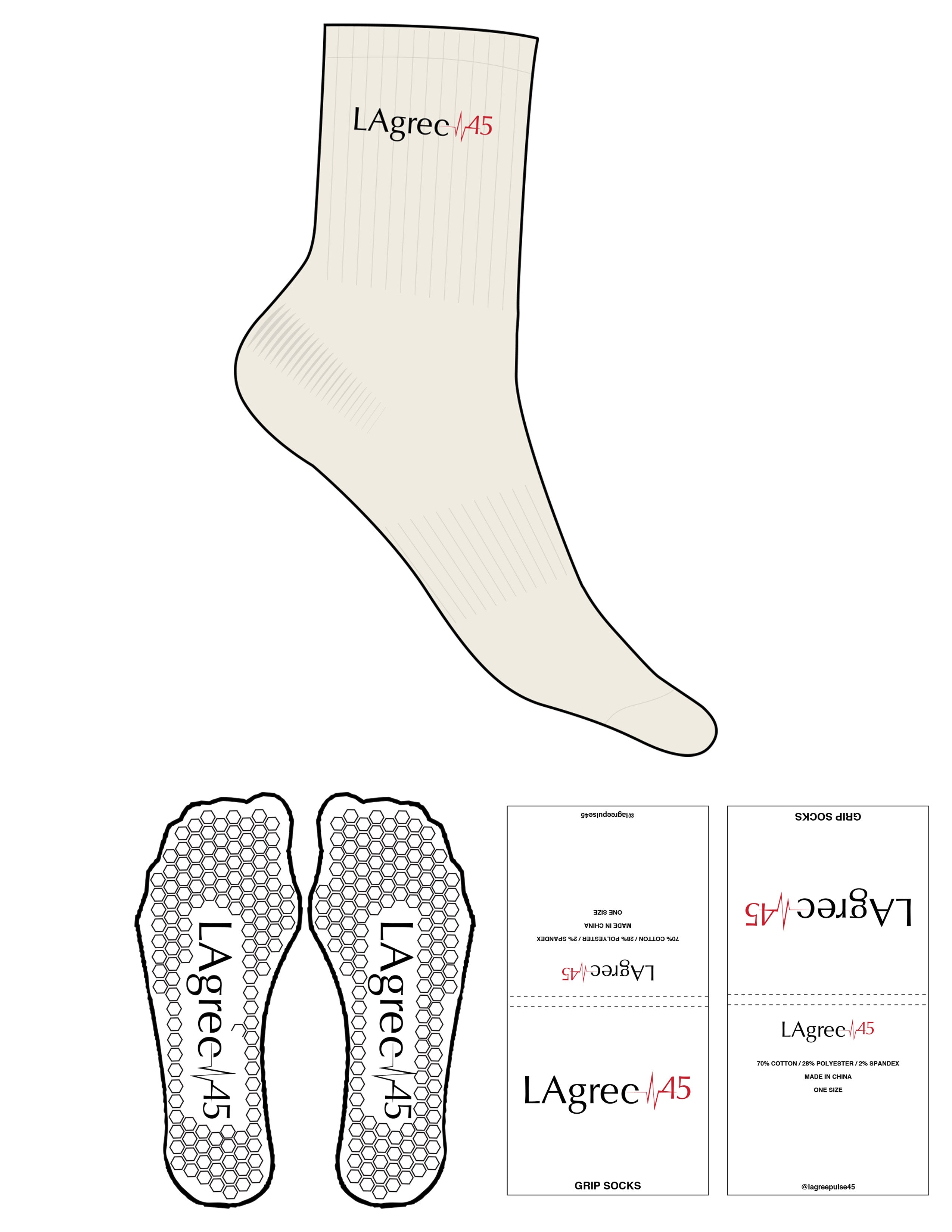 The 3/4 Crew Sock - Off White - Lagree Pulse 45 - Top Logo - Embroidered - Full Color - Hexagon Grip - Transparent