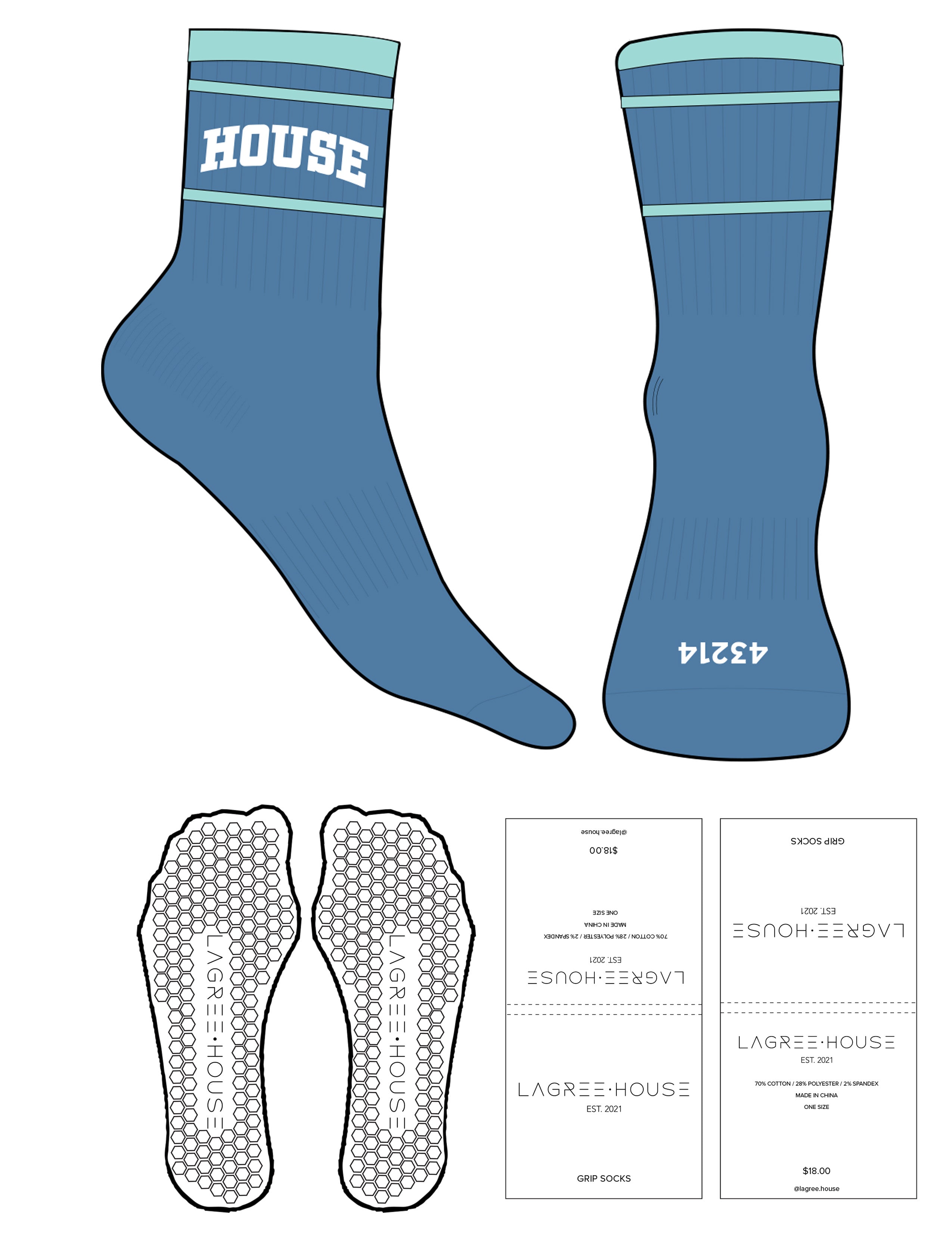 The 3/4 Crew Sock - Parisian Blue - Lagree House -  Blue Tint Stripes - Top & Toe Logo - Printed - White - Hexagon Grip - Transparent
