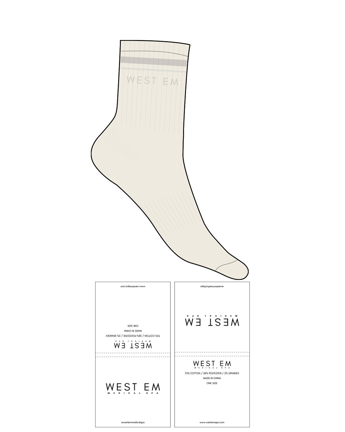 The 3/4 Crew Sock - Off White - West Em Medical Spa - 2 Strip - Top Logo - Full Color