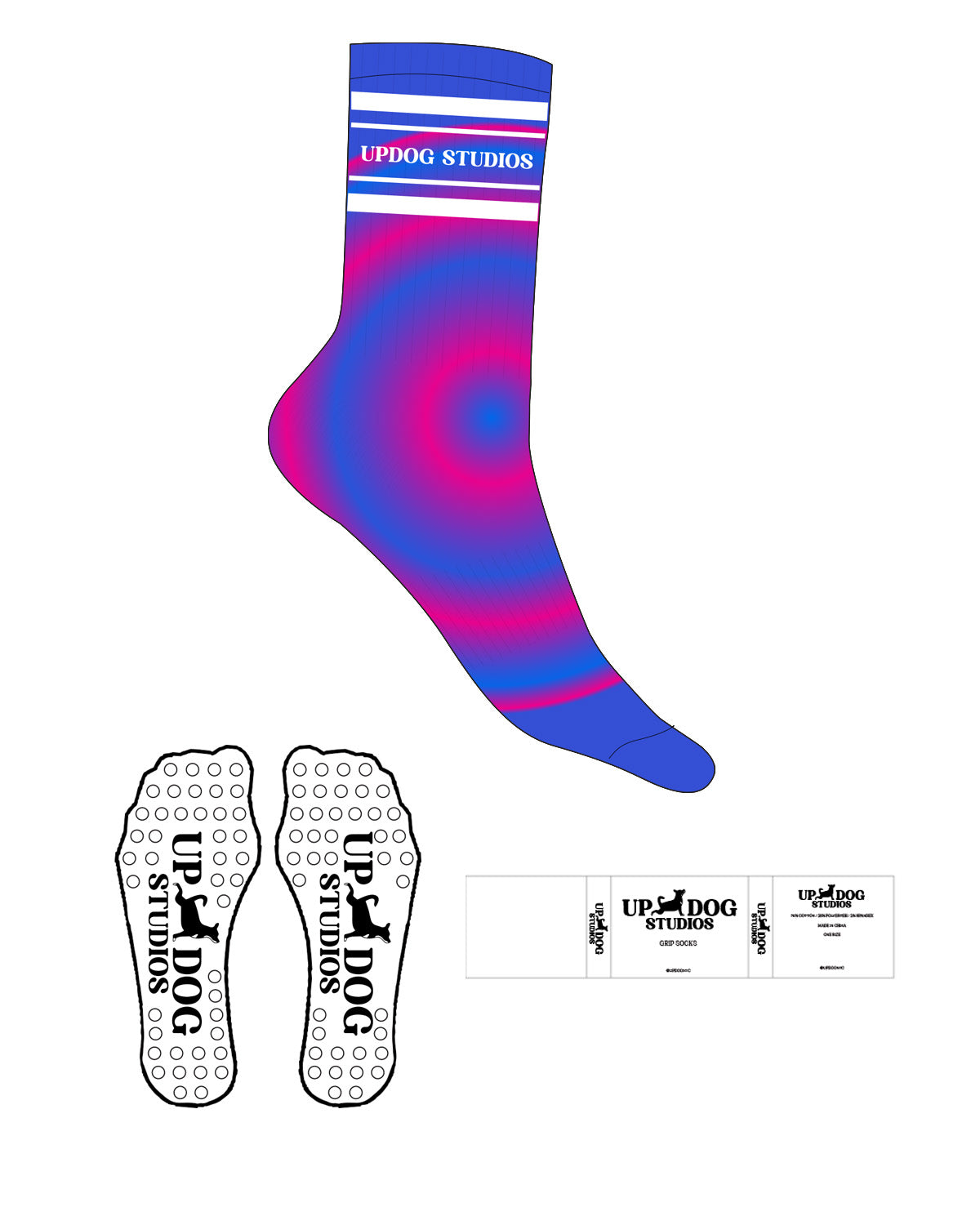 The Crew Sock - Tie Dye Multi - Updog Yoga - 4 Strips - Top Logo Between Strips - White - Circle Shape Grip - White