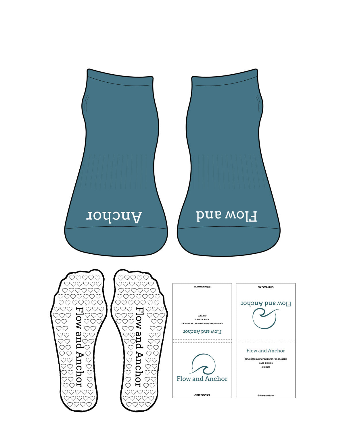 The Ankle Sock - Teal -  Flow&Anchor - "Flow and" Left Toe Logo & "Anchor" Right Toe Logo - White -  Heart Shape Grip - White
