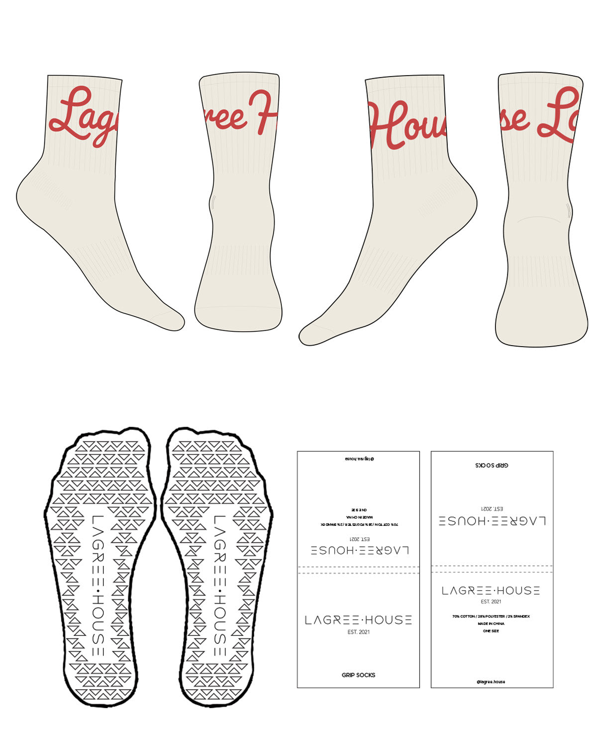 The 3/4 Crew Sock - Off White - Lagree House - Top Logo - Muted Red - Triangle Shape Grip - Transparent