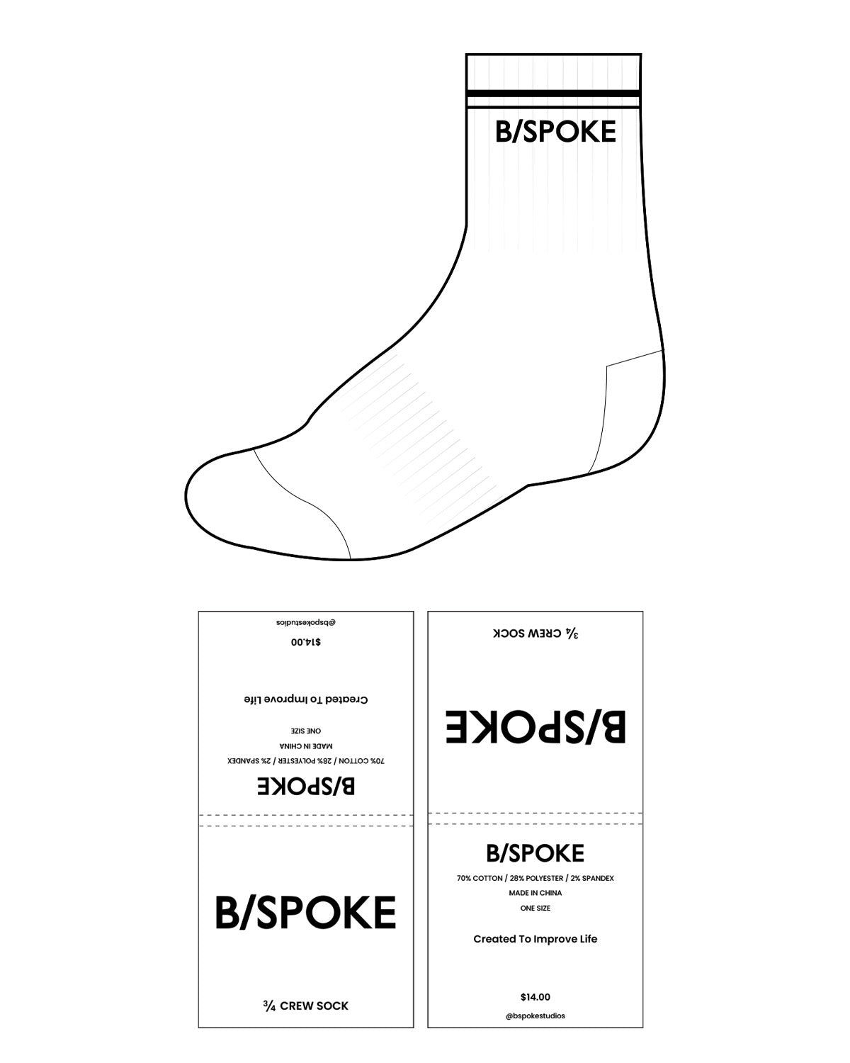 The 3/4 Crew Sock - White - BSPOKE - Top Lining - Black