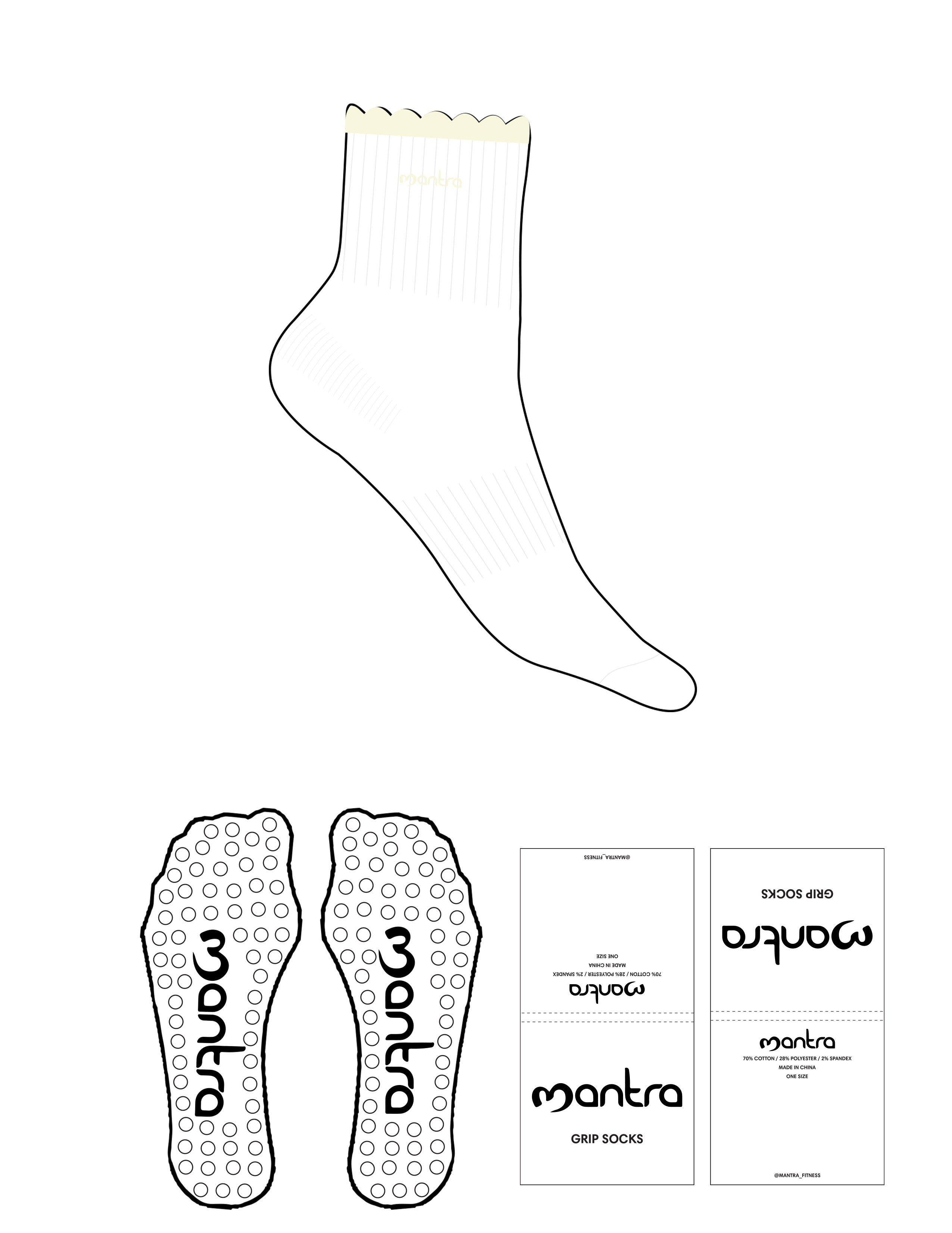 The 3/4 Crew Sock - White - Mantra - Scallop - Top Logo Embroidered - Butter - Circle Grip - Transparent