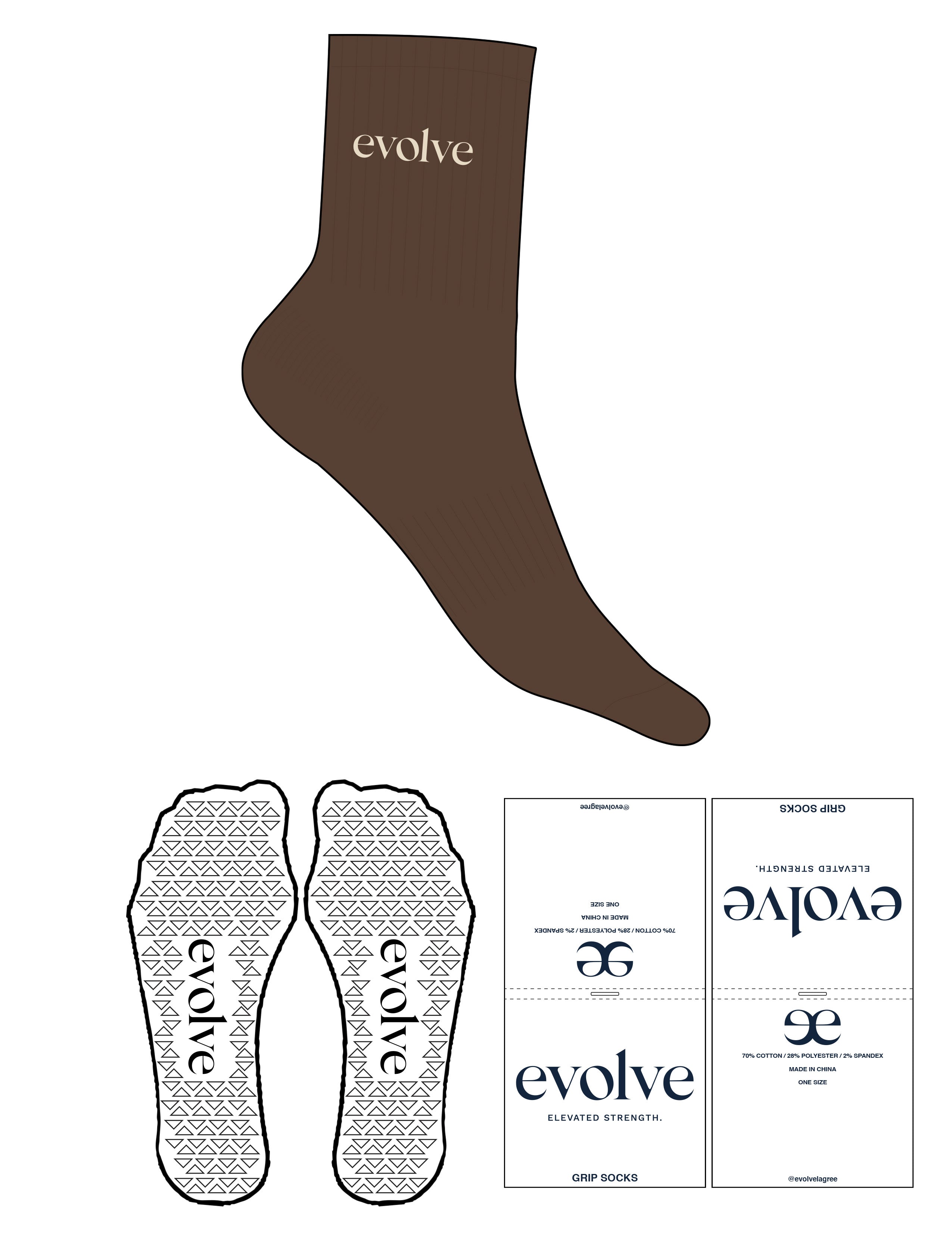 The 3/4 Crew Sock - Truffle - Evolve Lagree - Top Logo - Embroidered - Seedpearl - Triangle Grip - Transparent