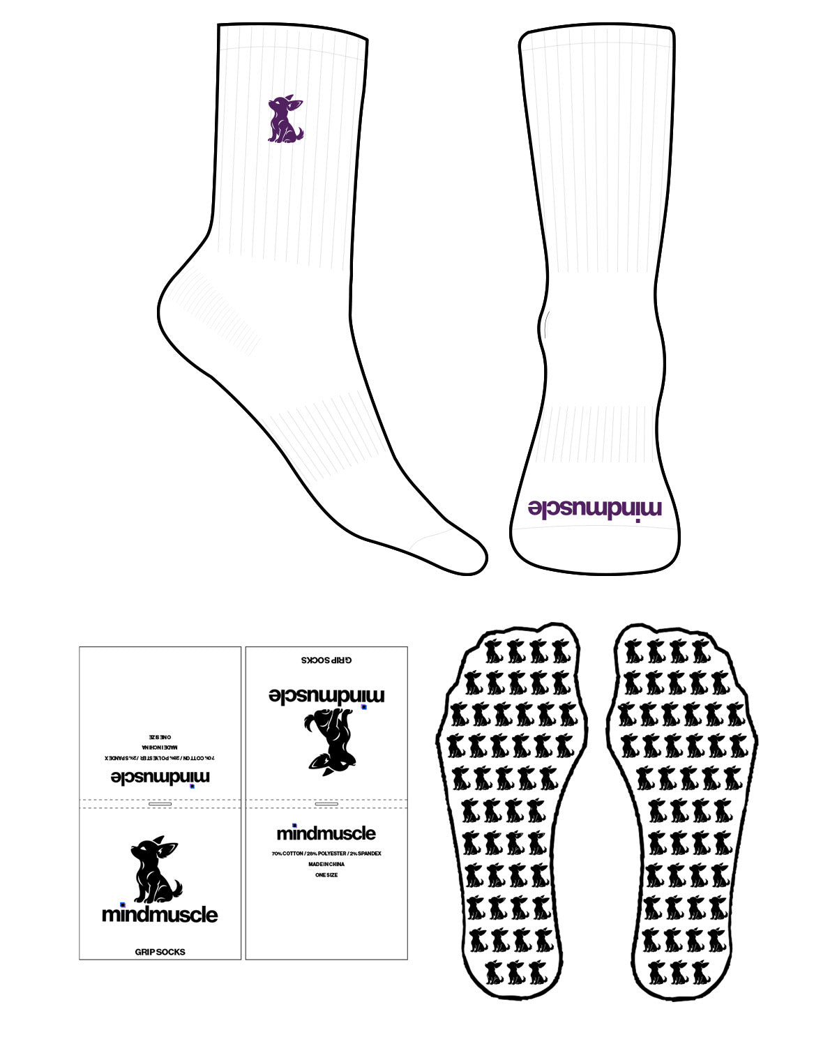 The Crew Sock - White - Mind Muscle - Puppy - Bright Purple - EMB - Toe - Printed - Bright Purple-  Custom Grip - Bright Purple