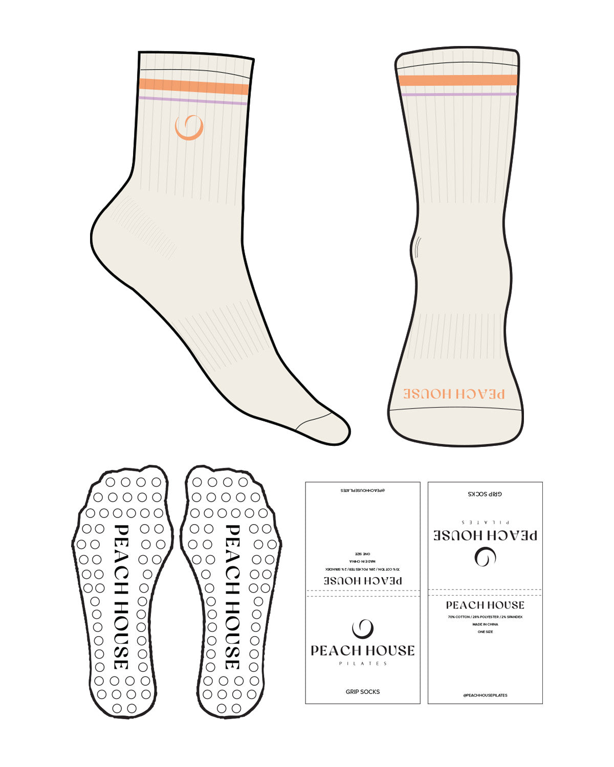The 3/4 Crew Sock - Off White - Peach House Pilates - 3 Strips - Top Logo Round & Front  - Peach L70 & Lavender L84 - Circle Shape Grip - Transparent