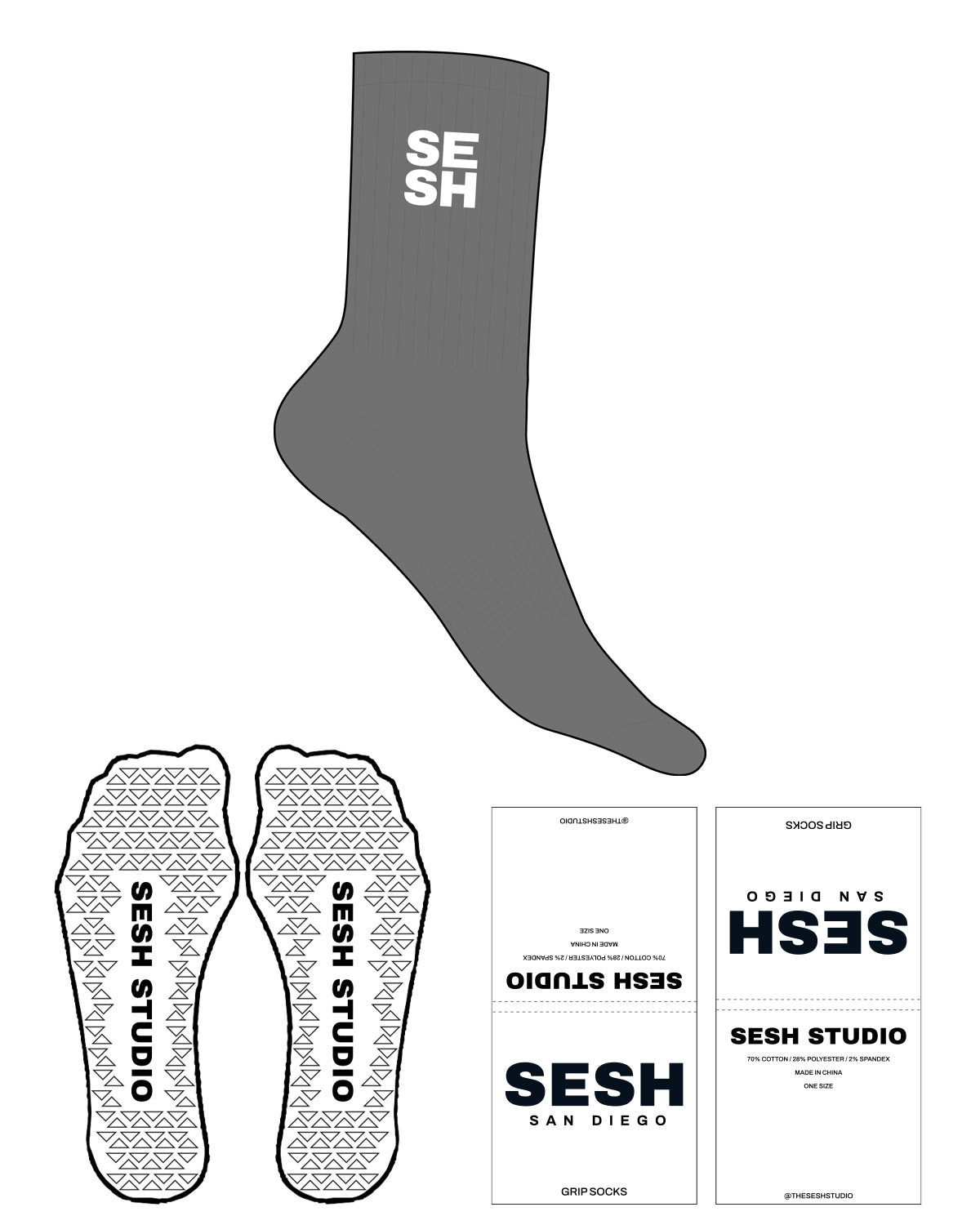 The Crew Sock - Charcoal - Sesh Studio - Top Logo Stacked - White - Triangle Shape Grip - White
