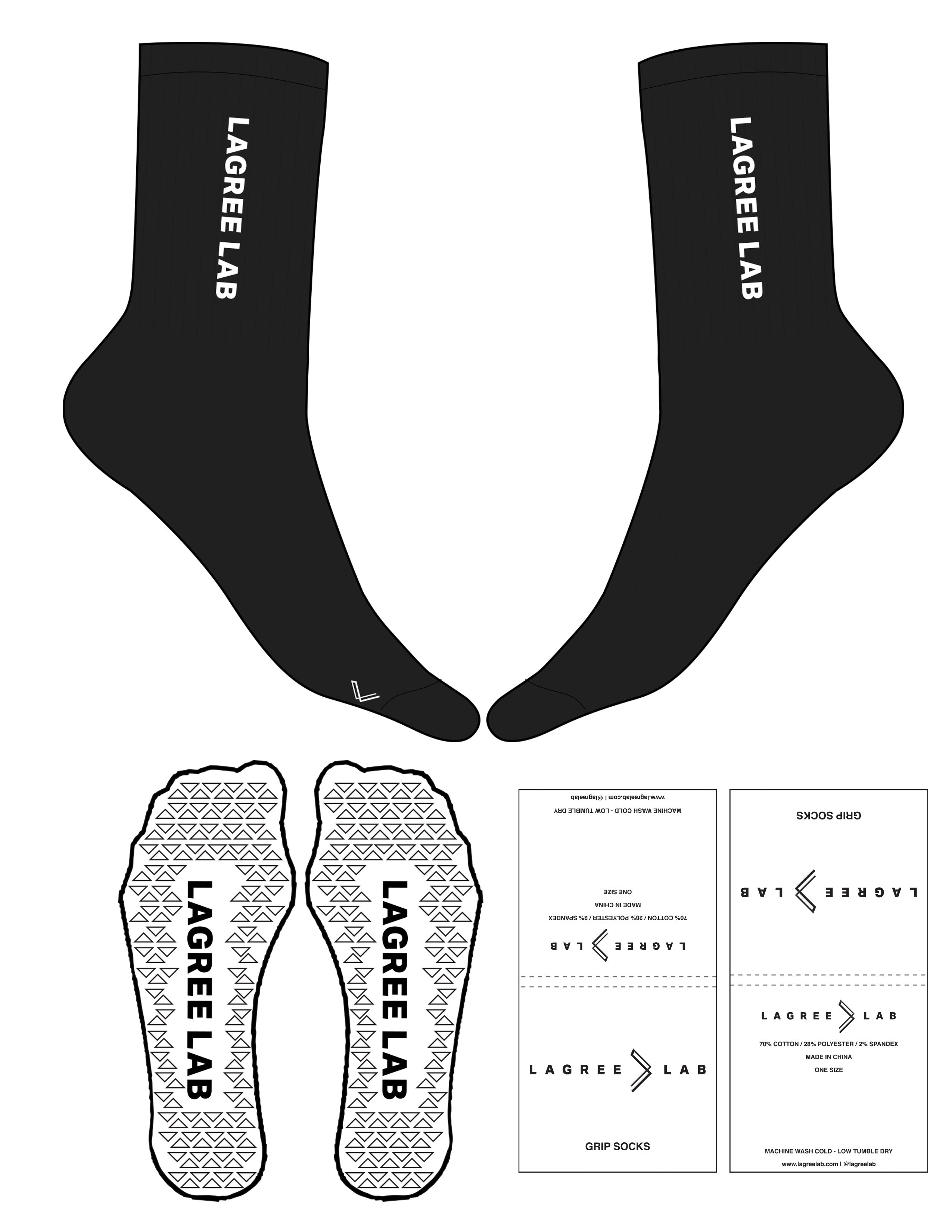 The Crew Sock - Black - LagreeLab - Top & Toe Logo - White - Triangle Grip - White