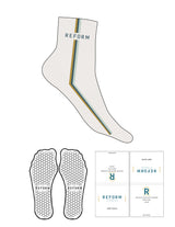 The 1/2 Crew Sock - Cloud Dancer - Reform Fitness - Gold, Blue Smoke & Light Seafoam Stripes - Top Logo - Blue Smoke - Hexagon Grip - Blue Smoke
