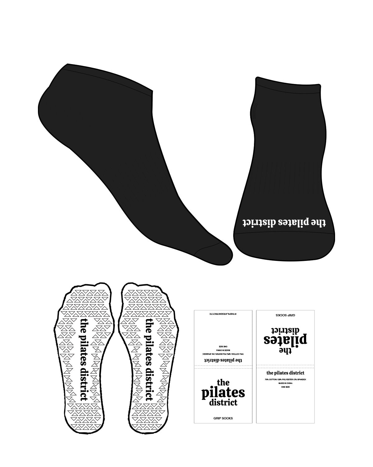 The Ankle Sock - Black - THE PILATES DISTRICT - Front Logo - White - Triangle Shape Grip - White