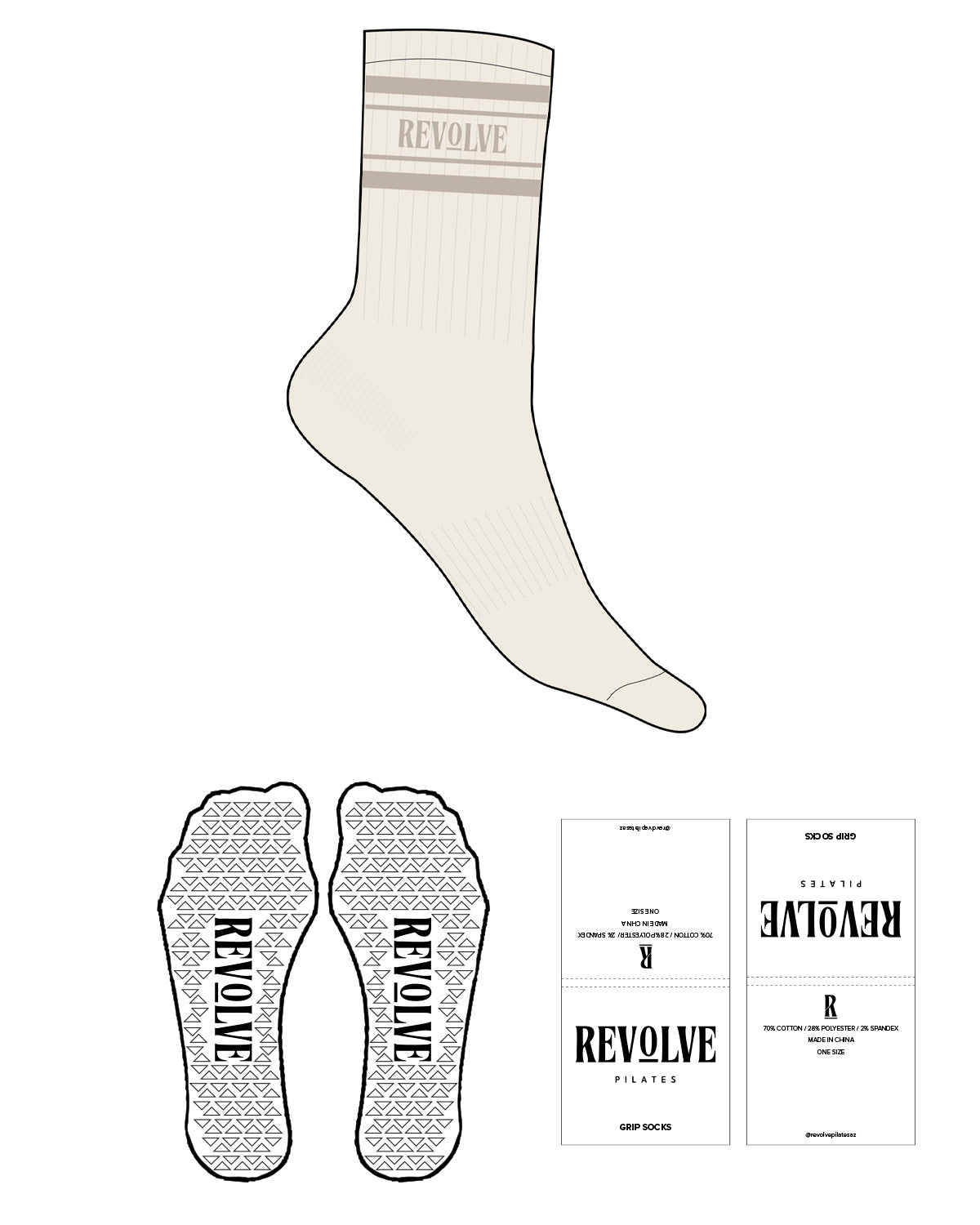 The Crew Sock - Off White - Revolve Pilates - 4 Strips - Revolve Logo on Middle - Tan - Triangle Shape Grip - Transparent