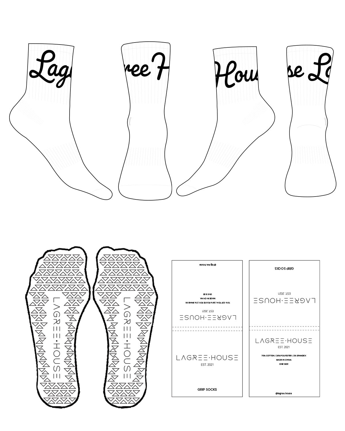 The 3/4 Crew Sock - White - Lagree House - Top Logo - Black - Triangle Shape Grip - Black