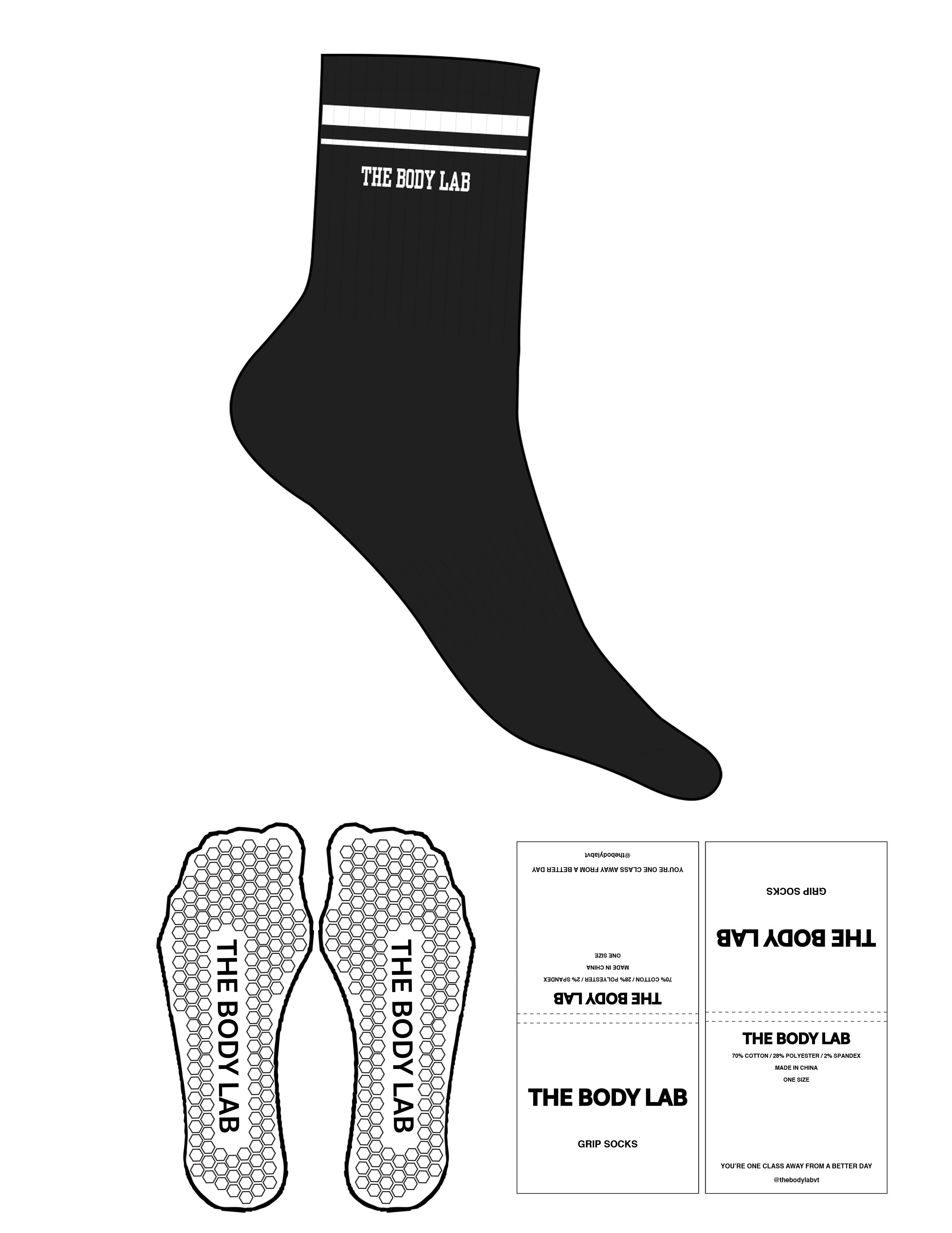 The 3/4 Crew Sock - Black - Body Lab - 2 Stripes - Top Logo - Embroidered - White - Hexagon Grip - White