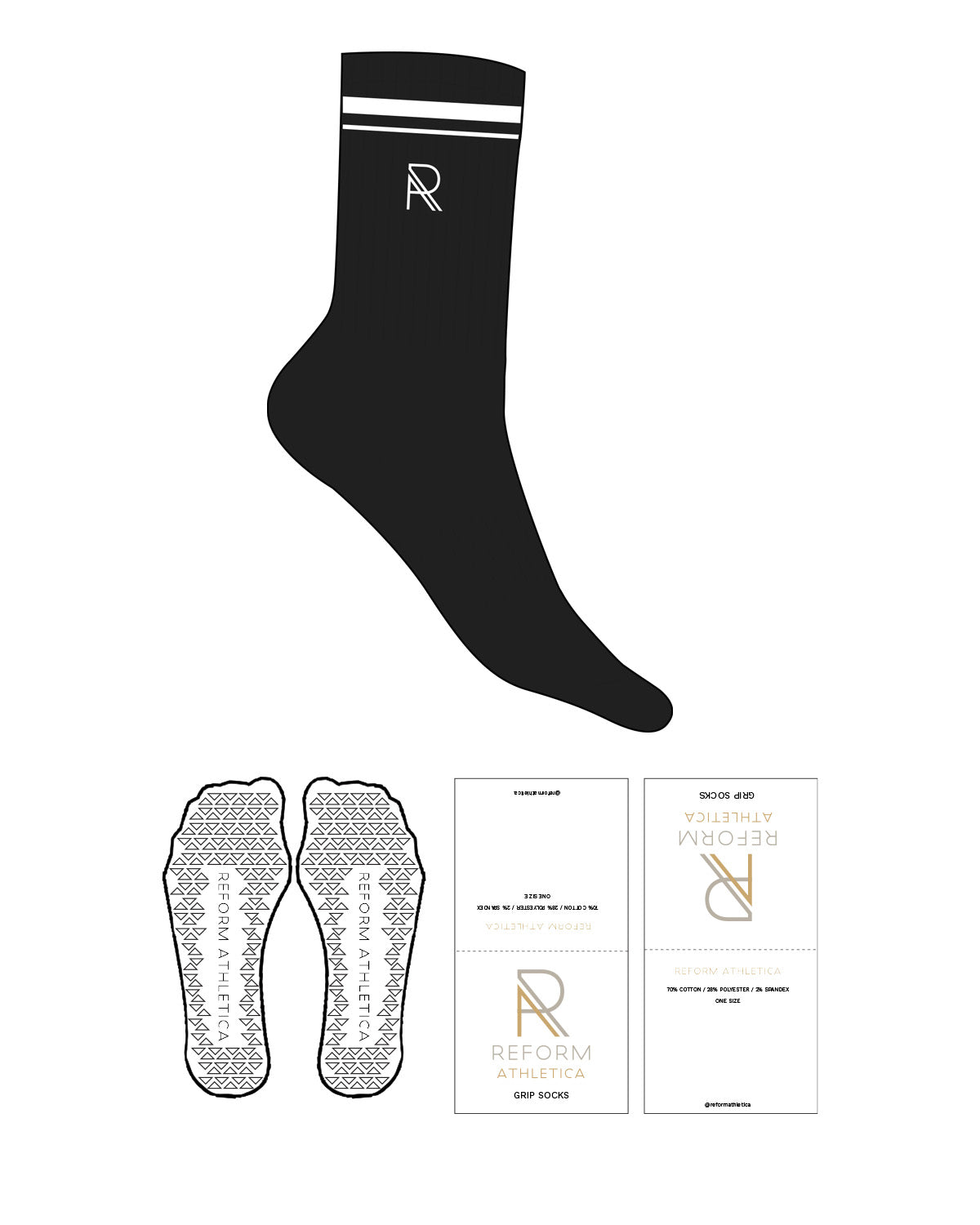 The Crew Sock - Black - Reform Athletica - Ankle "R" -  2 Lines Top - Embroidered - White - Triangle Shape Grip - White