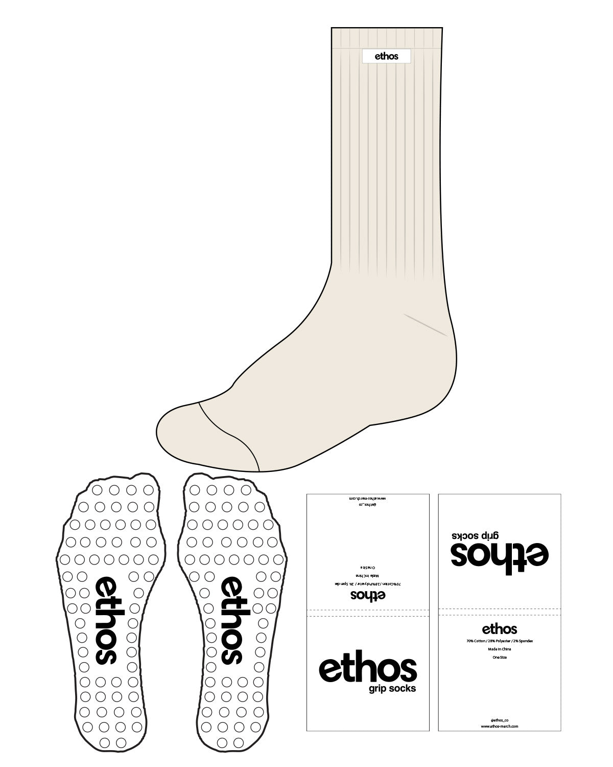 The Slouch Sock - Off White - Ethos Socks  - Top Center Text - Full Color - Circle Grip - Transparent Grip