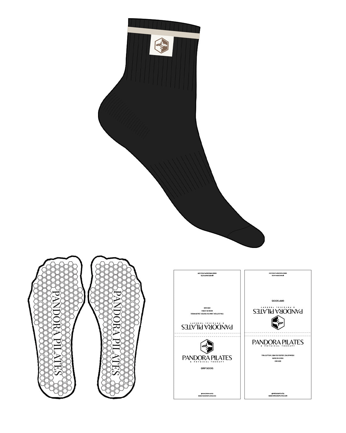 The Crew Sock - Black - Pandora Pilates - Top Border & icon -   Cream Stripe -  Cream Embroidered Label - Hexagon Shape Grip - Cream