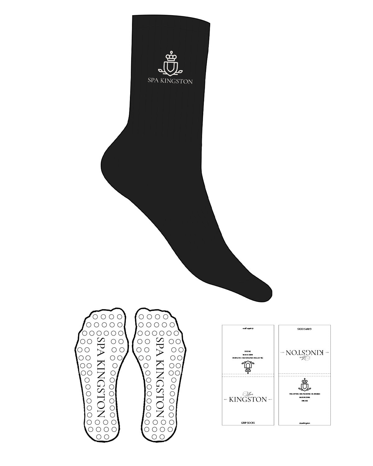 The Crew Sock - Black - Spa Kingston - Top Logo Stacked - Embroidered - Bone - Circle Shape Grip - Translucent
